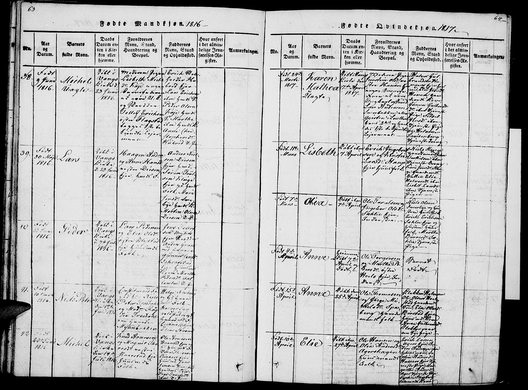 Vang prestekontor, Hedmark, AV/SAH-PREST-008/H/Ha/Haa/L0007: Parish register (official) no. 7, 1813-1826, p. 63-64