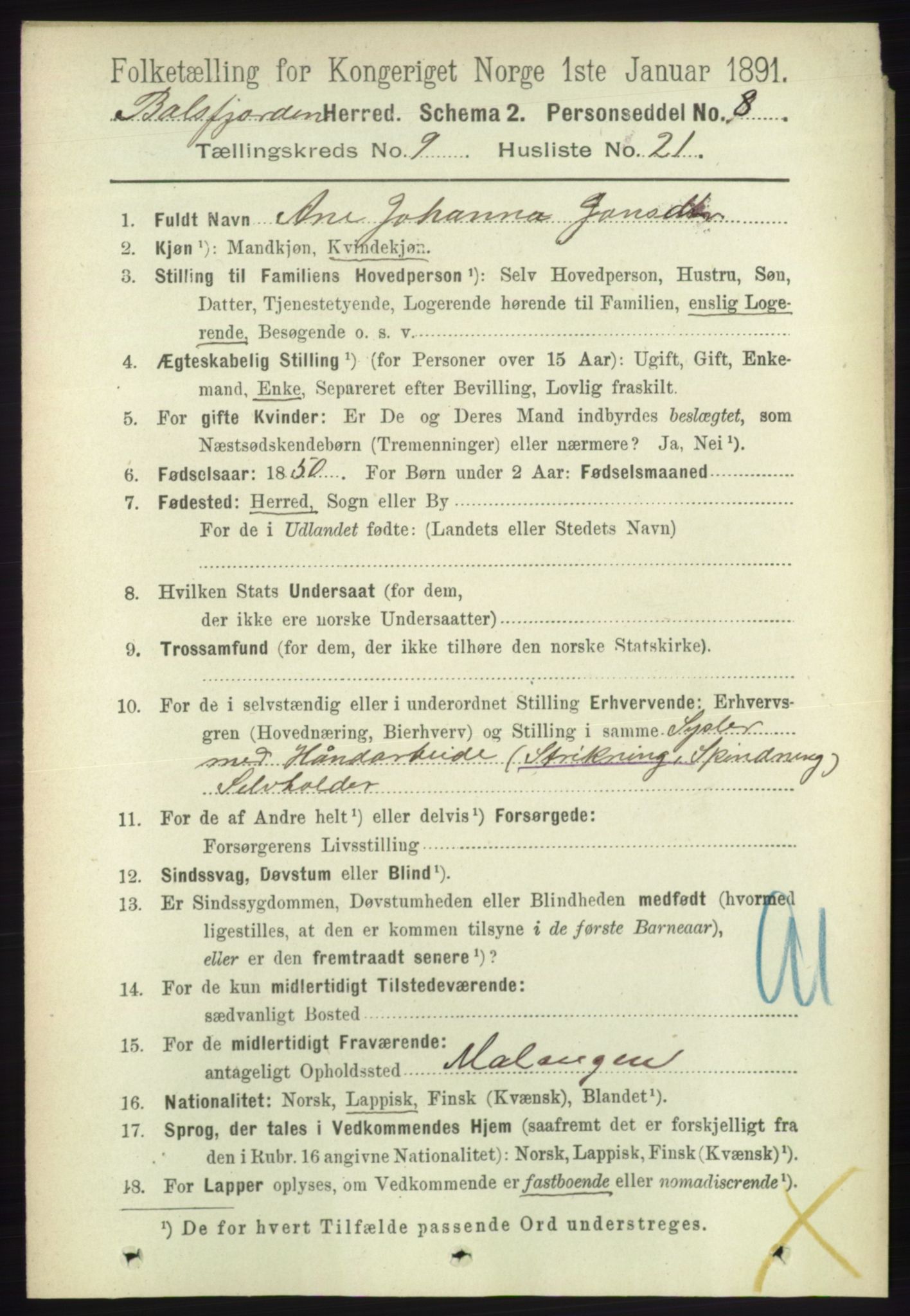 RA, 1891 census for 1933 Balsfjord, 1891, p. 3283