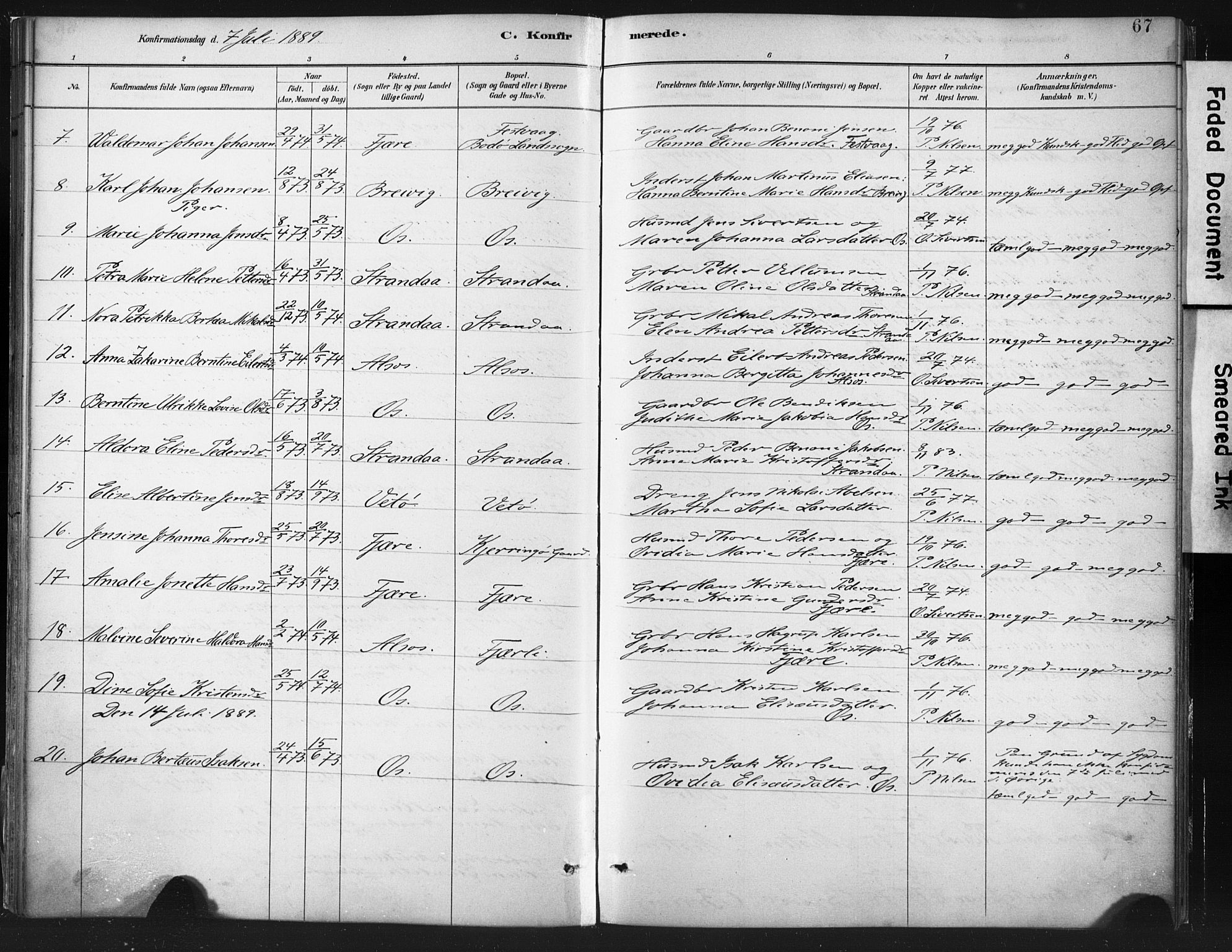 Ministerialprotokoller, klokkerbøker og fødselsregistre - Nordland, AV/SAT-A-1459/803/L0071: Parish register (official) no. 803A01, 1881-1897, p. 67