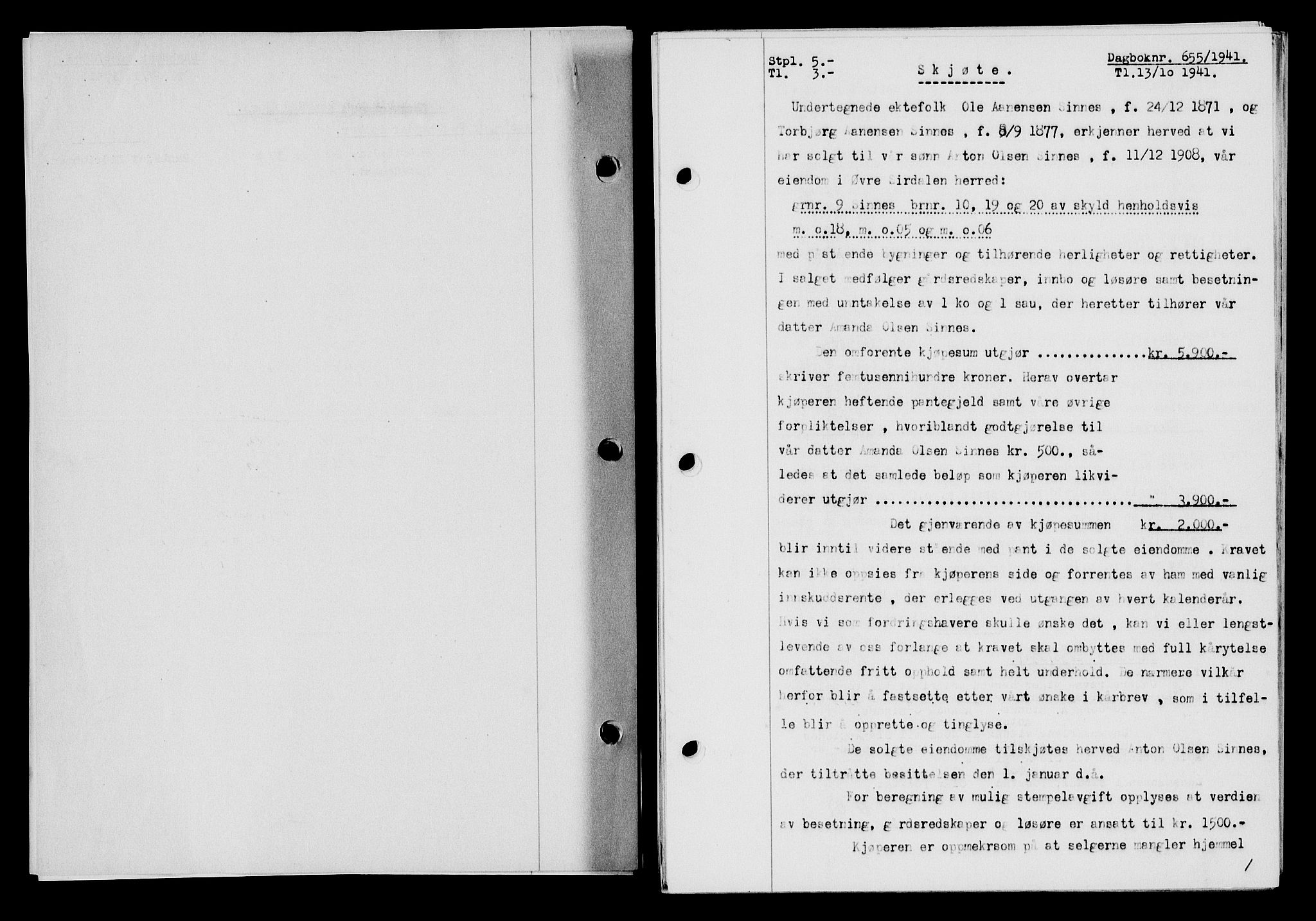 Flekkefjord sorenskriveri, SAK/1221-0001/G/Gb/Gba/L0057: Mortgage book no. A-5, 1941-1942, Diary no: : 655/1941