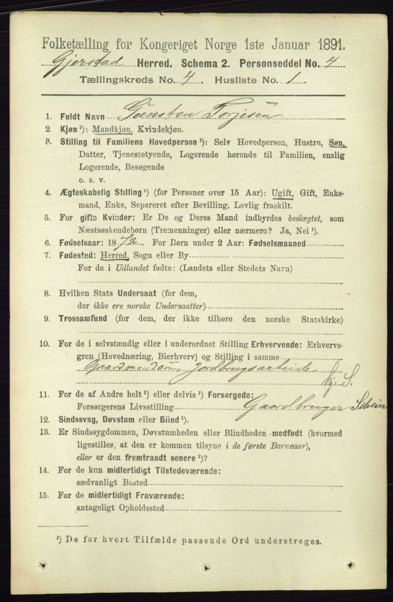 RA, 1891 census for 0911 Gjerstad, 1891, p. 1510