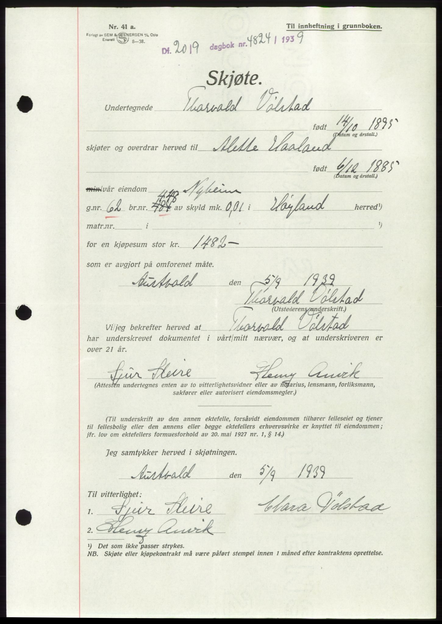 Jæren sorenskriveri, AV/SAST-A-100310/03/G/Gba/L0075: Mortgage book, 1939-1939, Diary no: : 4824/1939