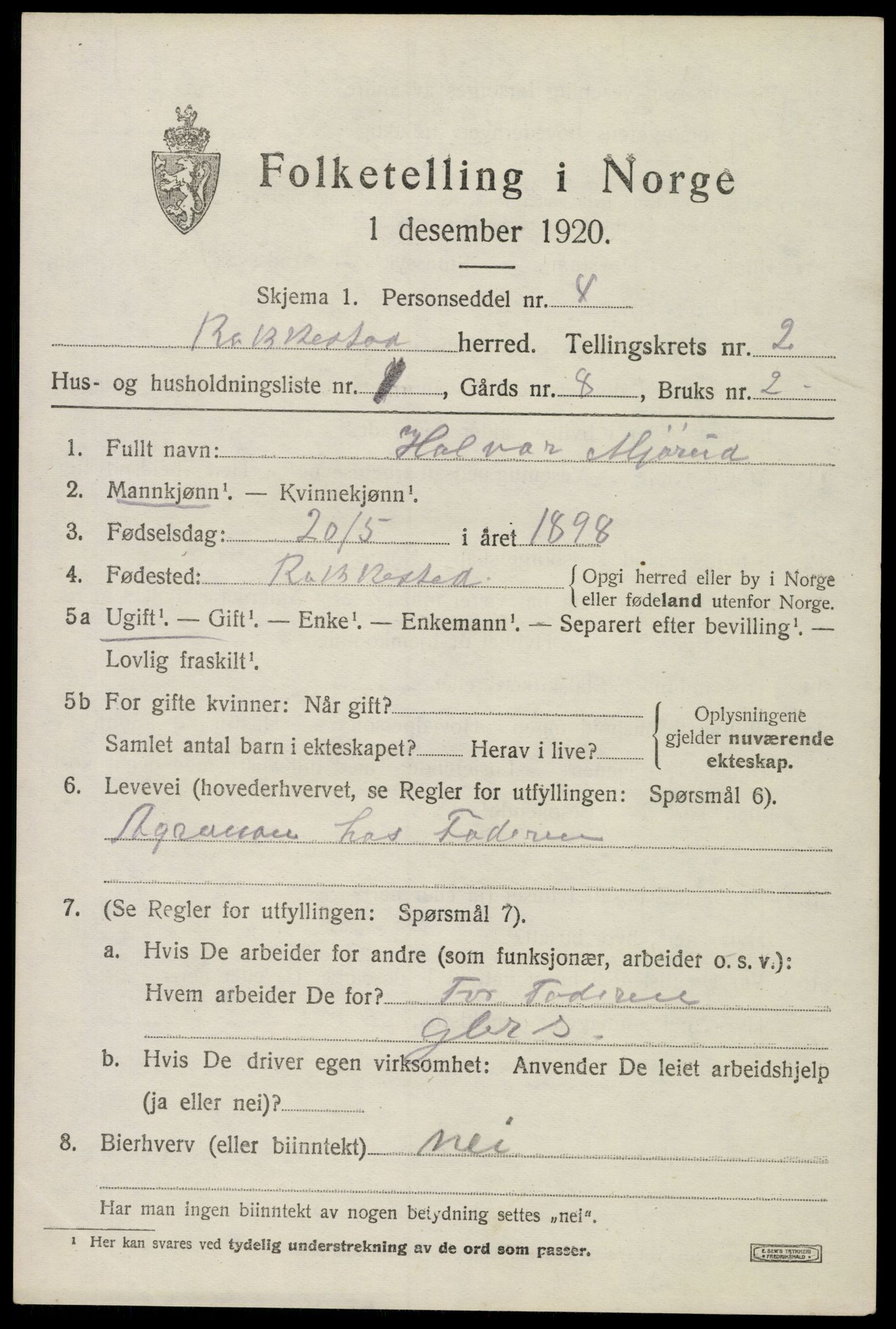 SAO, 1920 census for Rakkestad, 1920, p. 3381