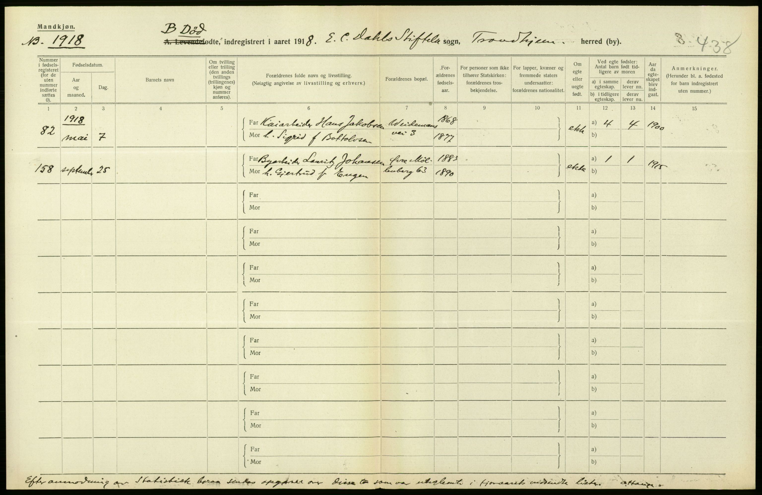 Statistisk sentralbyrå, Sosiodemografiske emner, Befolkning, AV/RA-S-2228/D/Df/Dfb/Dfbh/L0049: Trondheim: Døde, dødfødte., 1918, p. 354