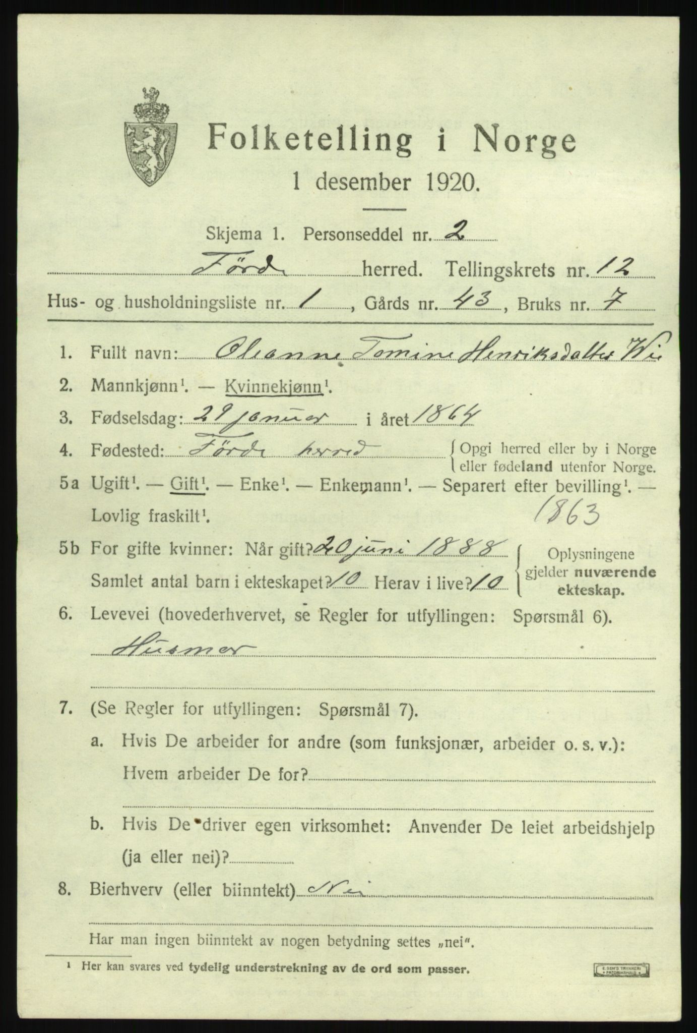 SAB, 1920 census for Førde, 1920, p. 4270