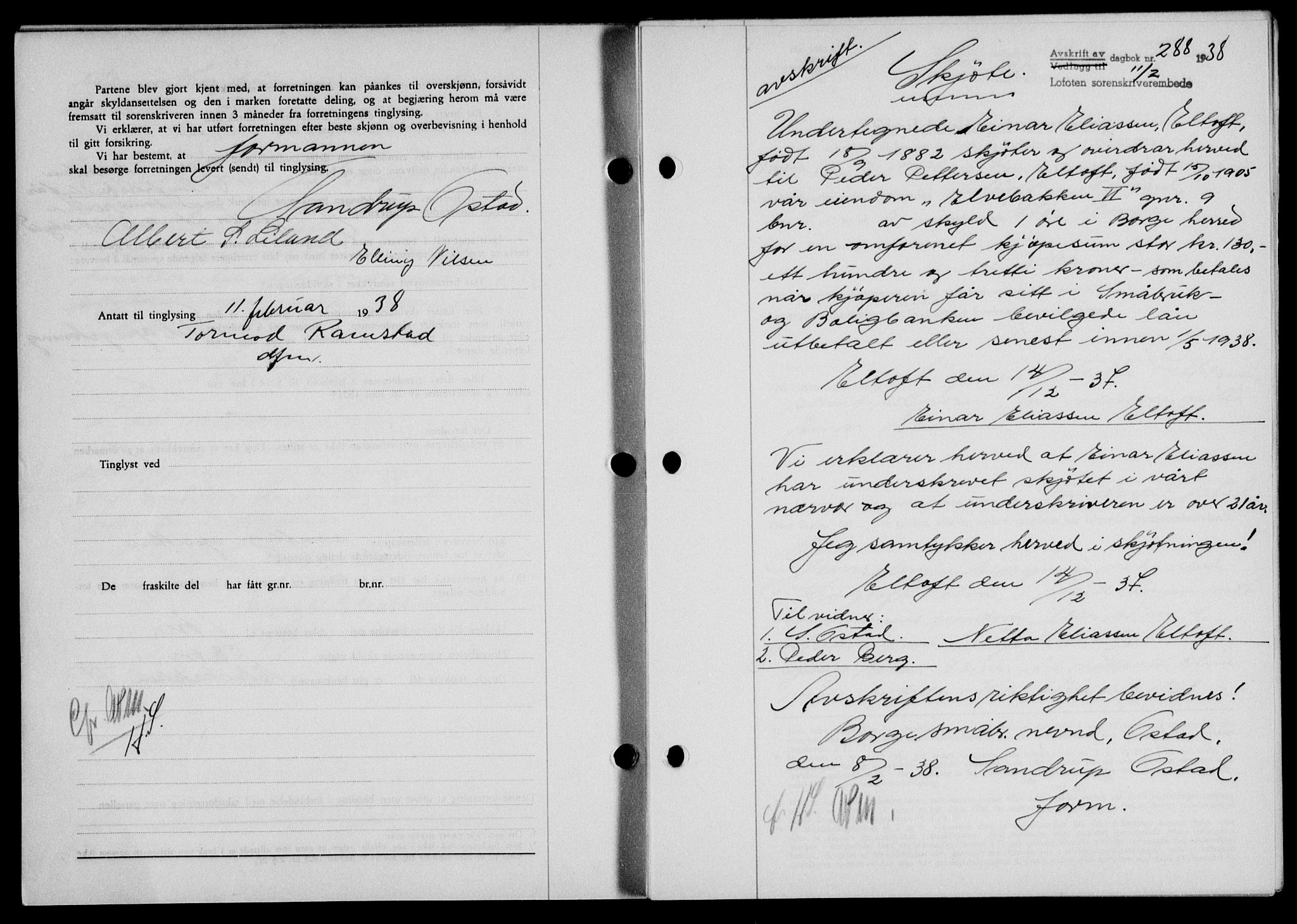 Lofoten sorenskriveri, SAT/A-0017/1/2/2C/L0003a: Mortgage book no. 3a, 1937-1938, Diary no: : 288/1938