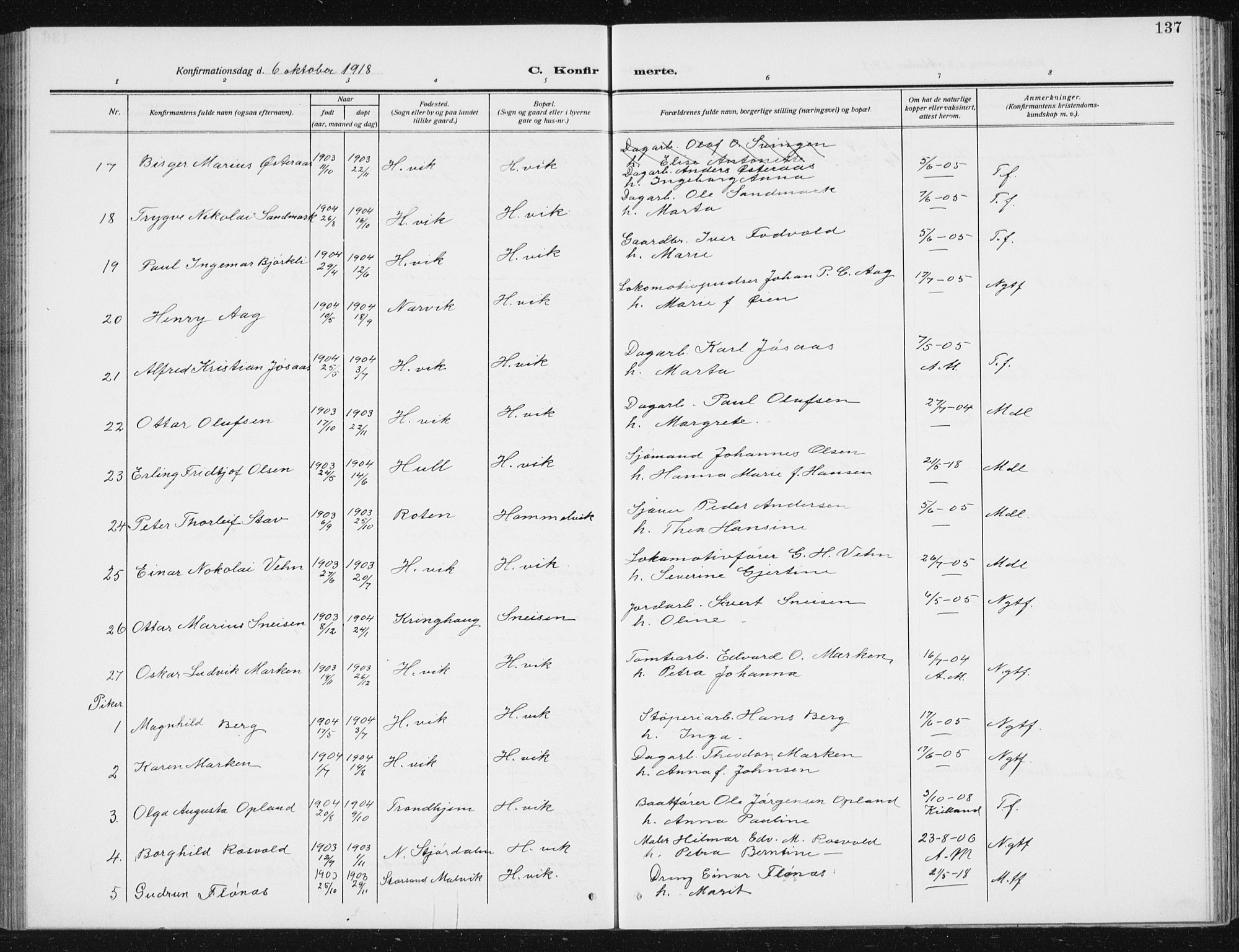 Ministerialprotokoller, klokkerbøker og fødselsregistre - Sør-Trøndelag, AV/SAT-A-1456/617/L0431: Parish register (copy) no. 617C02, 1910-1936, p. 137