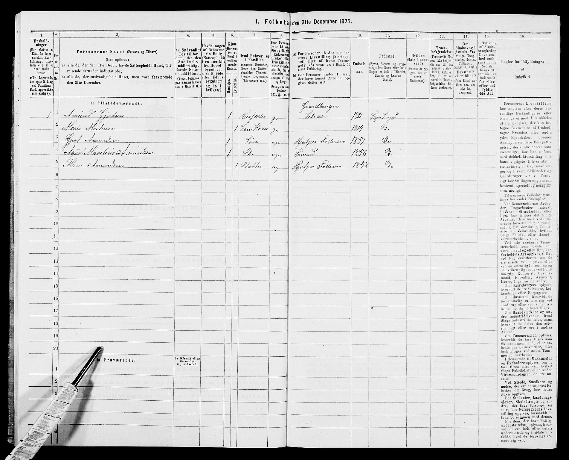 SAK, 1875 census for 1018P Søgne, 1875, p. 1012