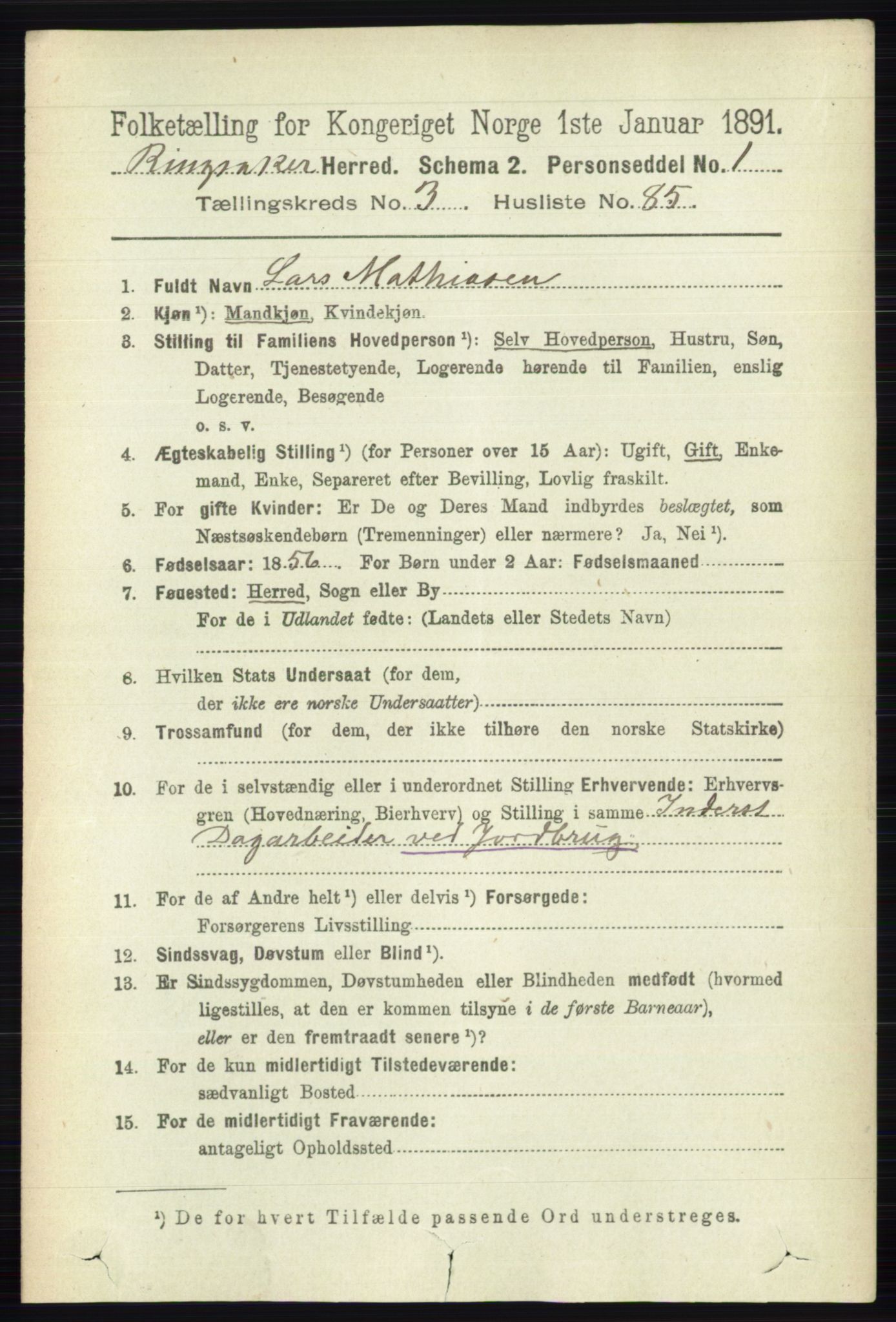 RA, 1891 census for 0412 Ringsaker, 1891, p. 1672