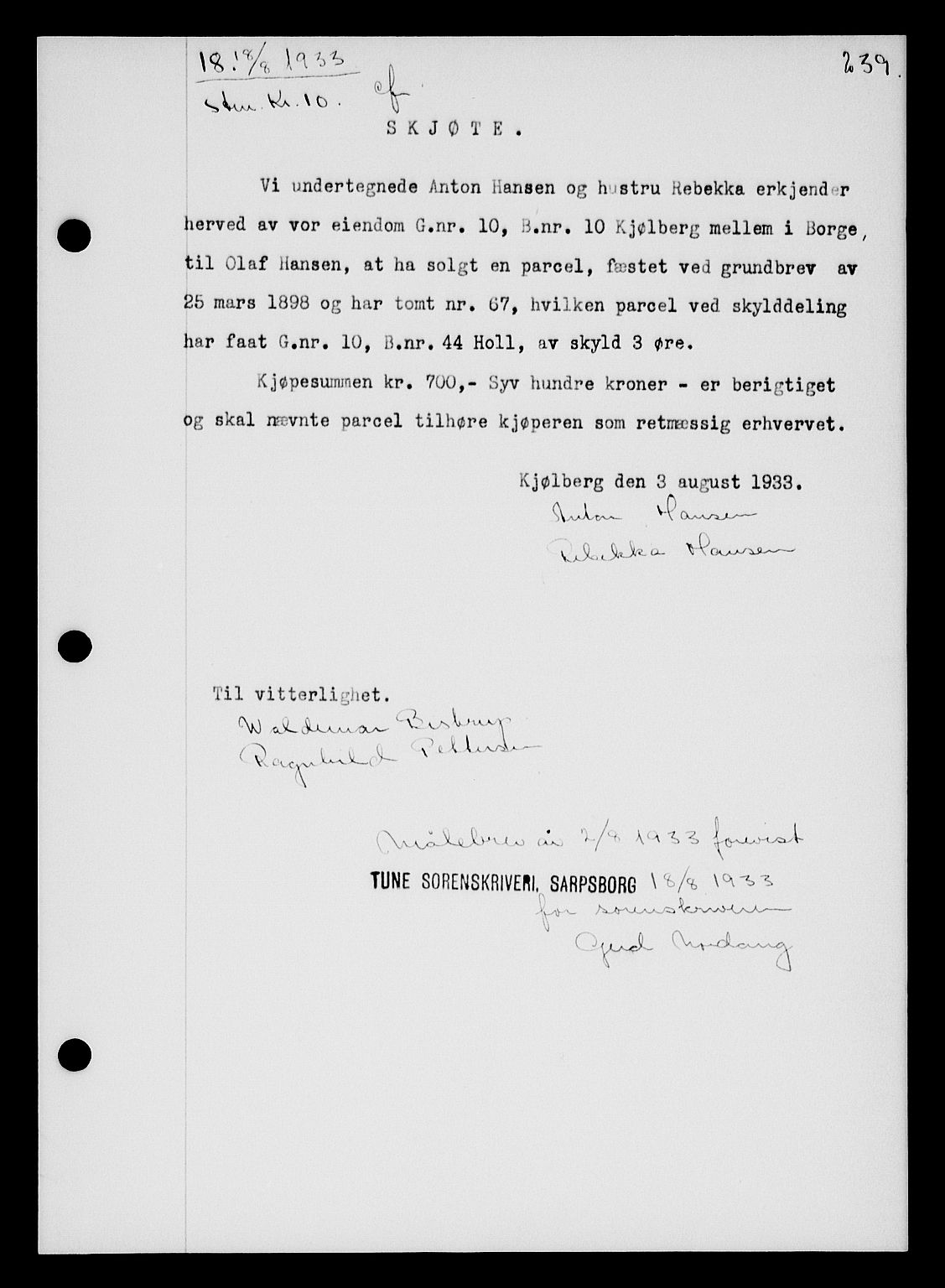 Tune sorenskriveri, SAO/A-10470/G/Gb/Gbb/L0004: Mortgage book no. II 20-24, 1933-1935, Deed date: 18.08.1933