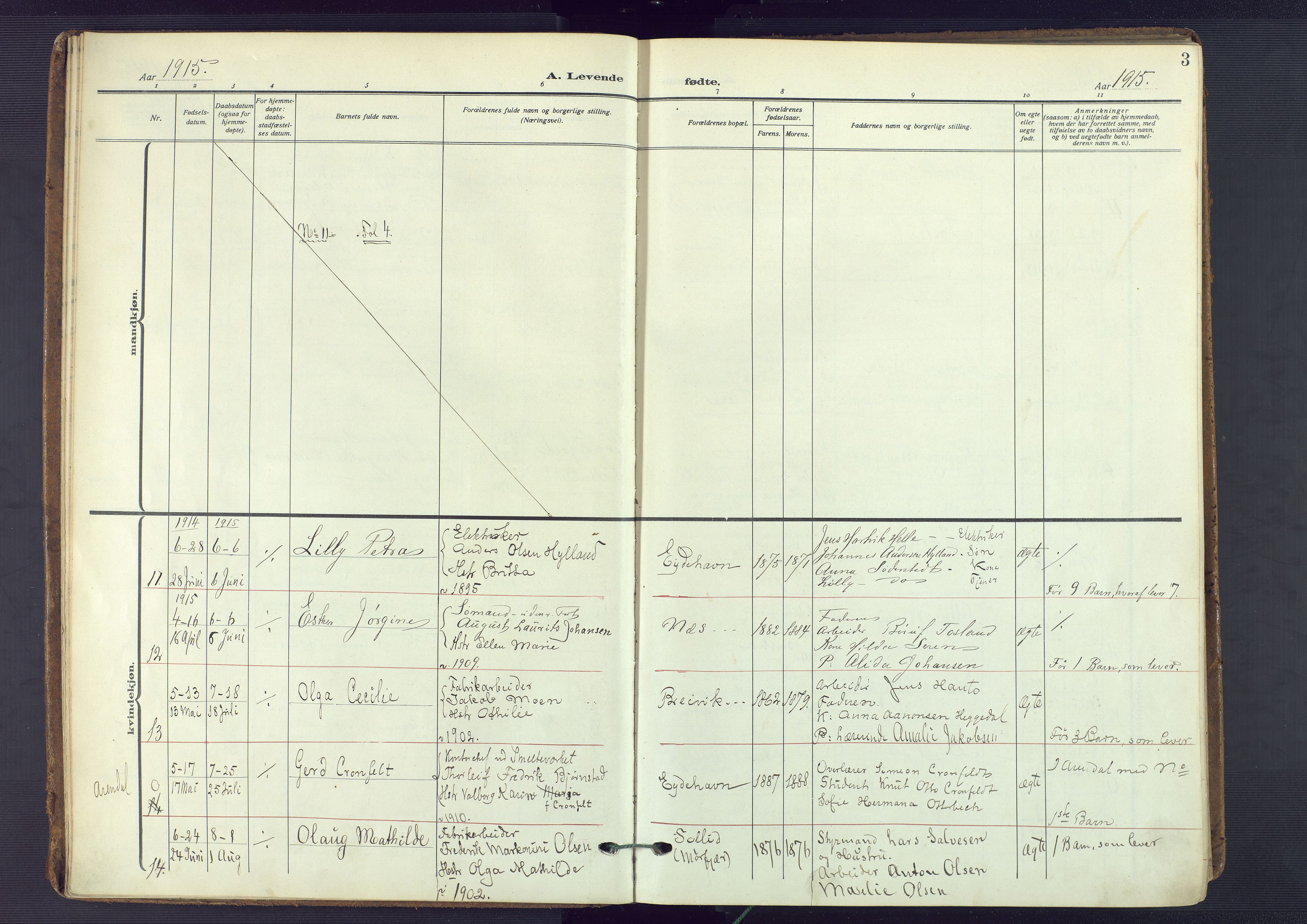 Austre Moland sokneprestkontor, AV/SAK-1111-0001/F/Fa/Fab/L0003: Parish register (official) no. A 3, 1914-1927, p. 3