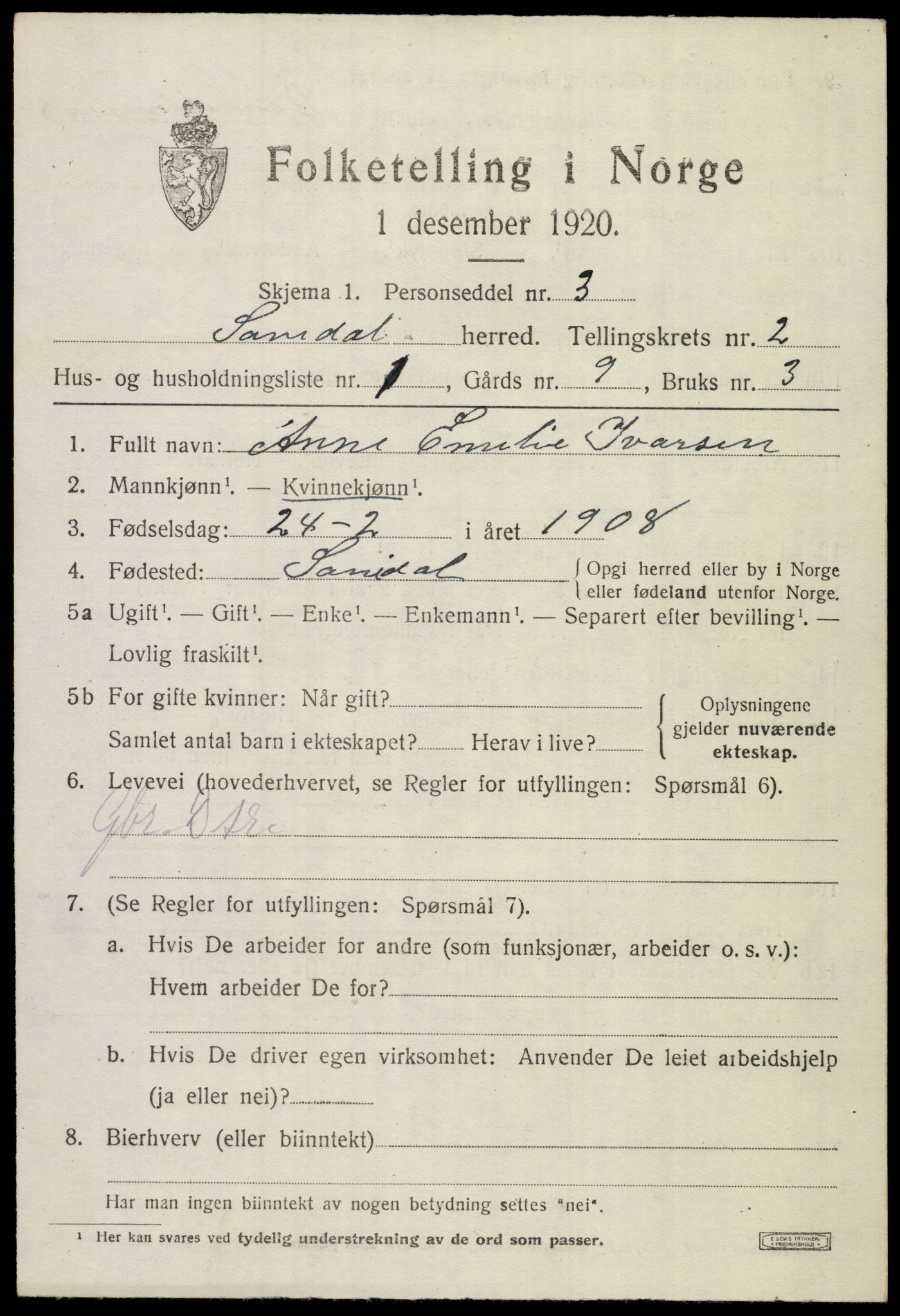 SAKO, 1920 census for Sannidal, 1920, p. 1647