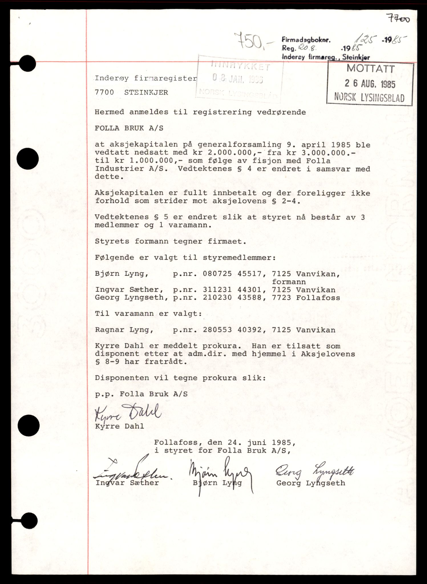 Inderøy sorenskriveri, SAT/A-4147/2/J/Jd/Jde/L0008: Aksjeselskap, Fol-Gun, 1944-1990, p. 1