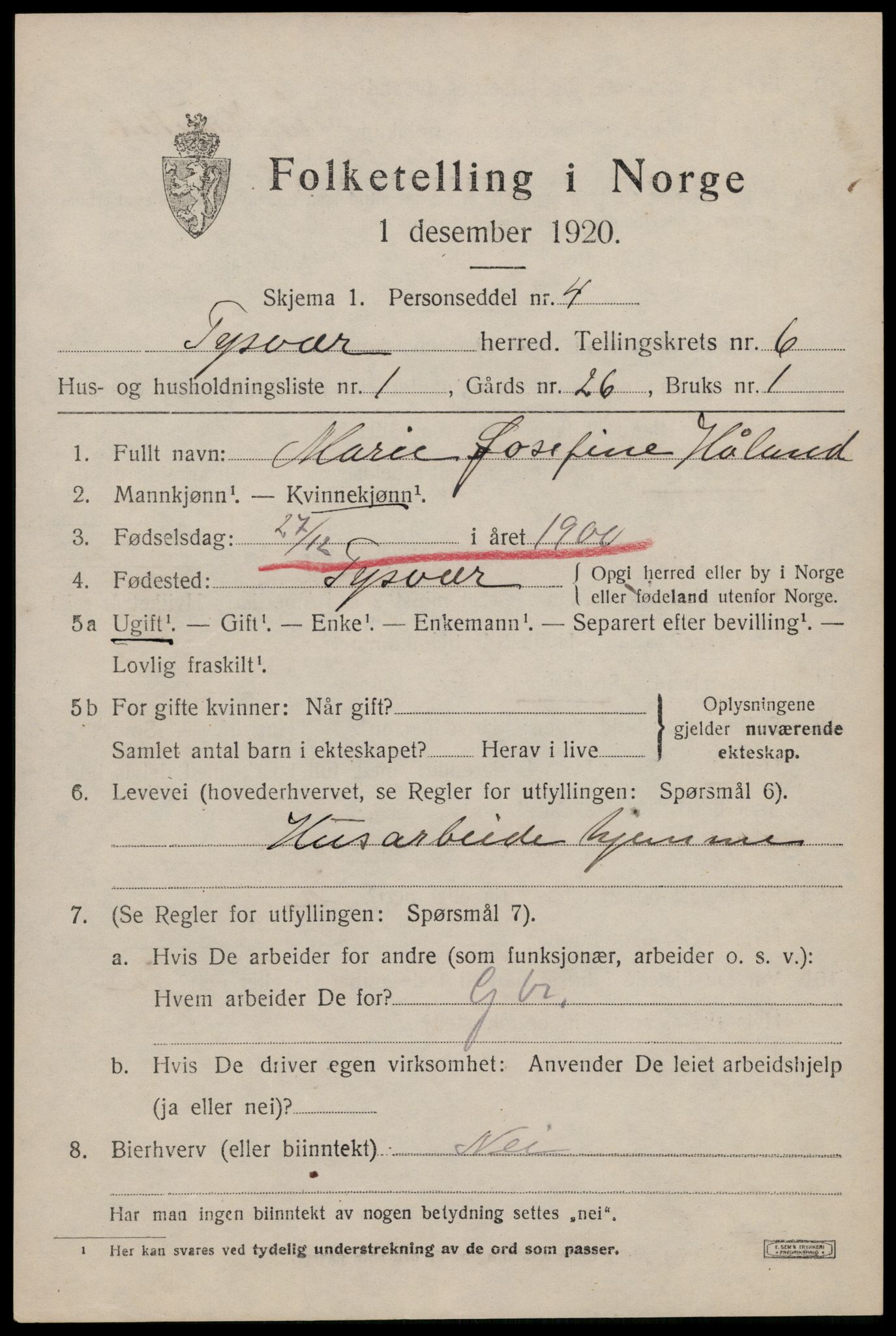 SAST, 1920 census for Tysvær, 1920, p. 2104