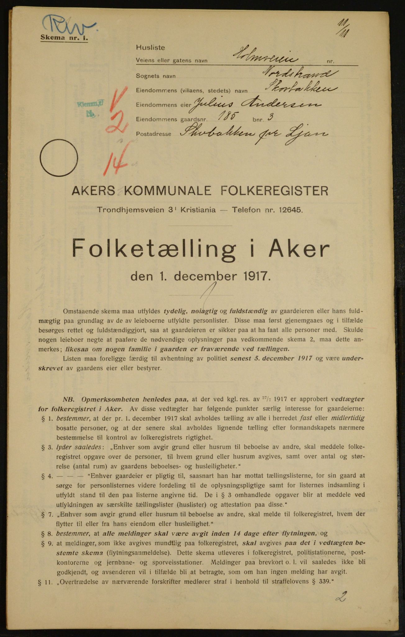 OBA, Municipal Census 1917 for Aker, 1917, p. 16333