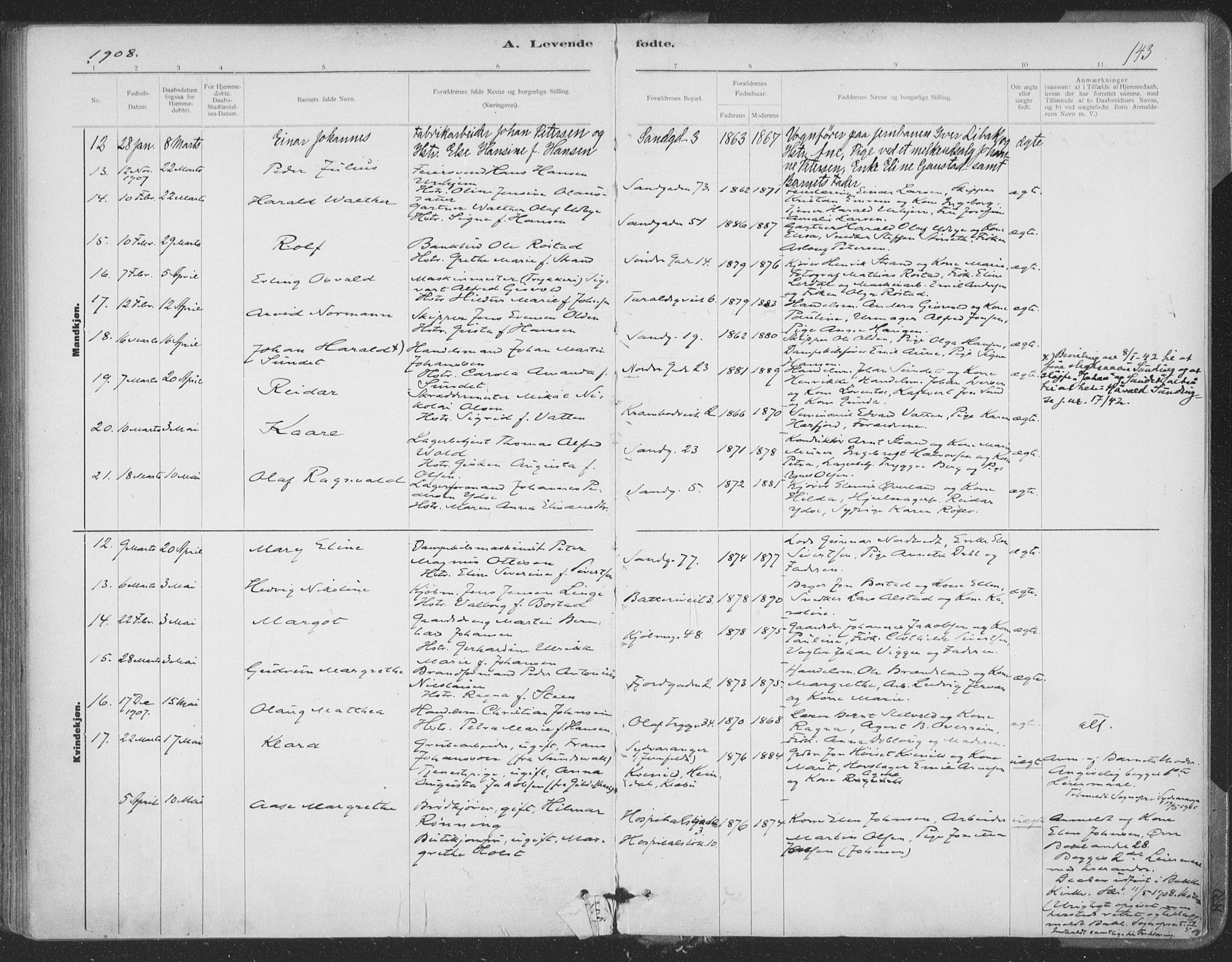 Ministerialprotokoller, klokkerbøker og fødselsregistre - Sør-Trøndelag, SAT/A-1456/602/L0122: Parish register (official) no. 602A20, 1892-1908, p. 143
