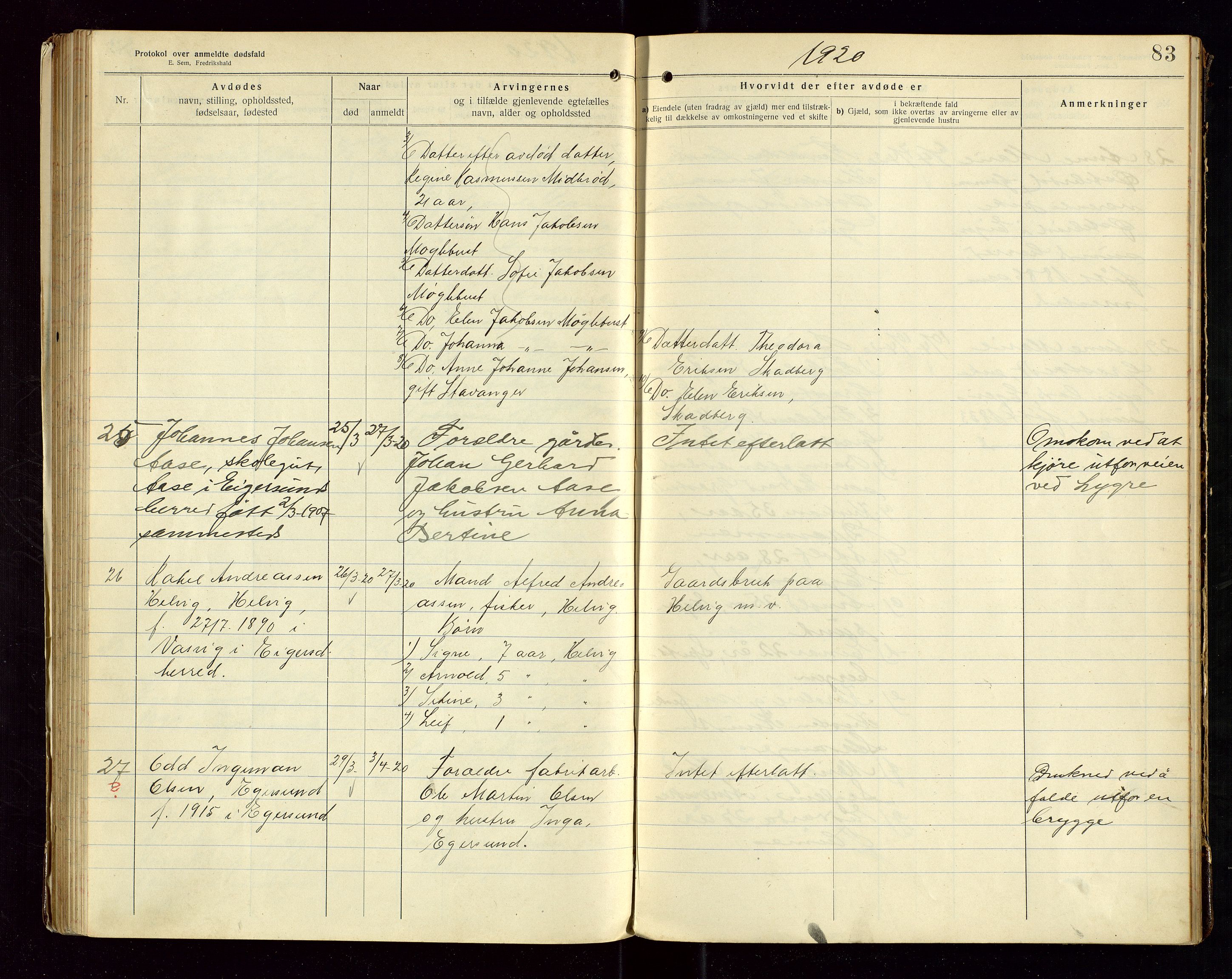 Eigersund lensmannskontor, AV/SAST-A-100171/Gga/L0007: "Protokol over anmeldte dødsfald" m/alfabetisk navneregister, 1917-1920, p. 83