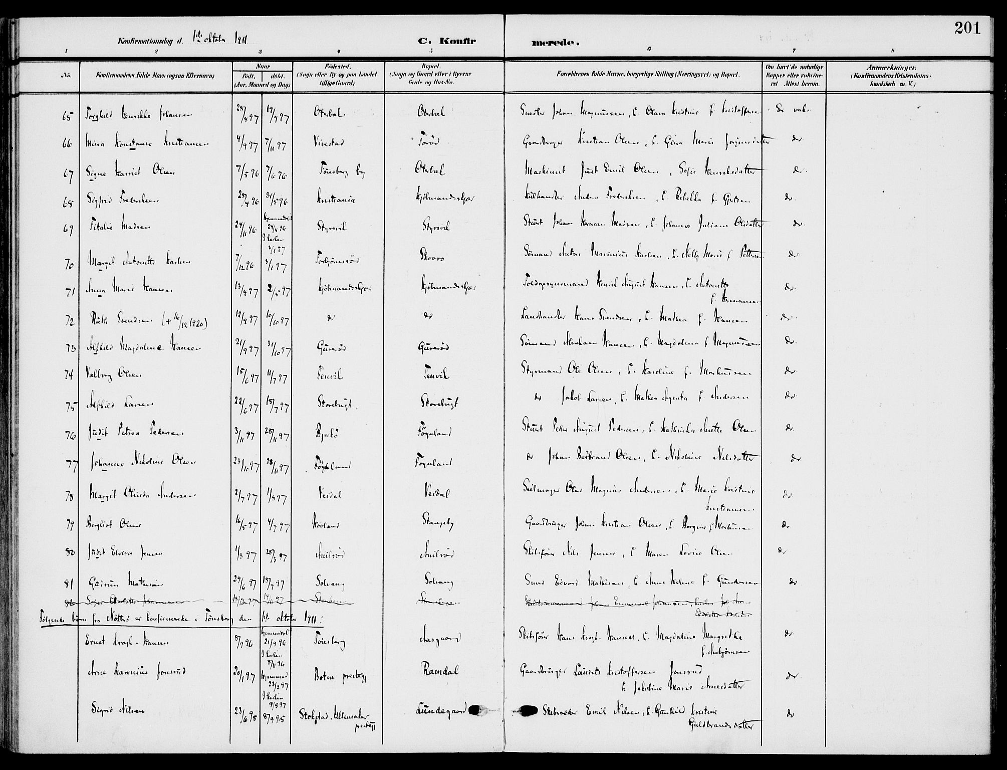 Nøtterøy kirkebøker, AV/SAKO-A-354/F/Fa/L0010: Parish register (official) no. I 10, 1908-1919, p. 201