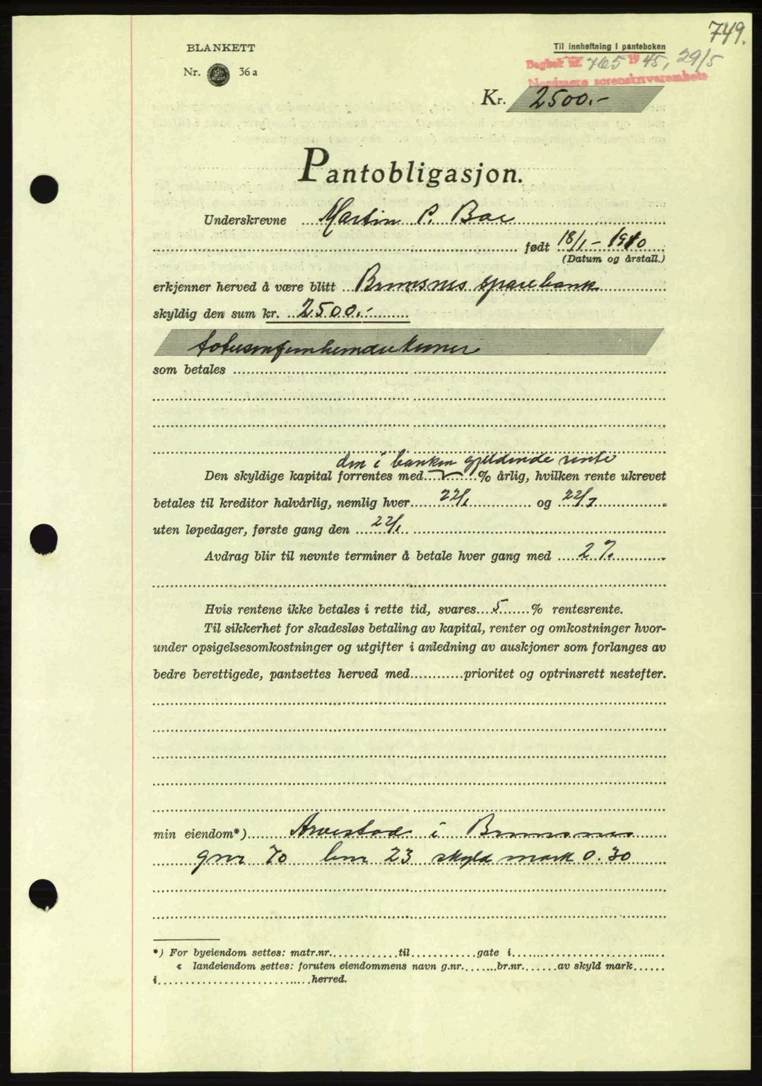 Nordmøre sorenskriveri, AV/SAT-A-4132/1/2/2Ca: Mortgage book no. B92, 1944-1945, Diary no: : 765/1945