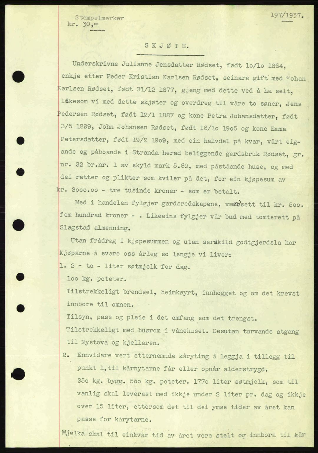 Nordre Sunnmøre sorenskriveri, AV/SAT-A-0006/1/2/2C/2Ca: Mortgage book no. A2, 1936-1937, Diary no: : 197/1937