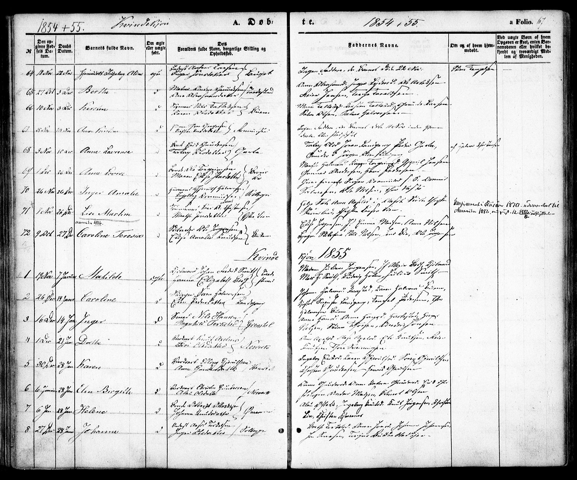 Holt sokneprestkontor, AV/SAK-1111-0021/F/Fa/L0008: Parish register (official) no. A 8, 1849-1860, p. 67