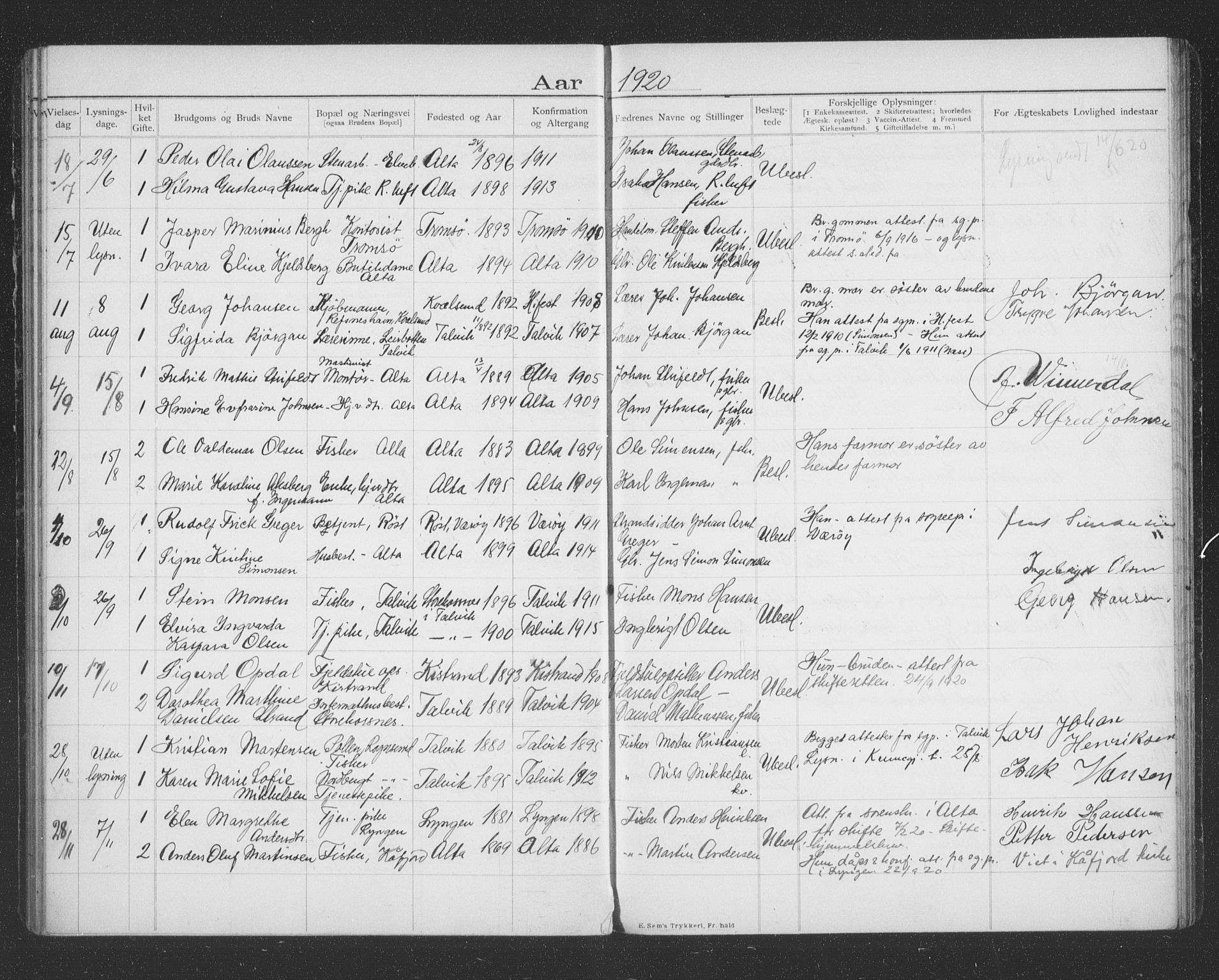 Alta sokneprestkontor, AV/SATØ-S-1338/I/Ib/L0045: Banns register no. 45, 1903-1921