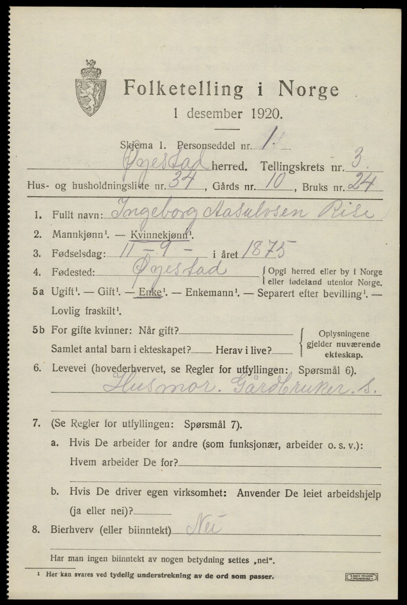 SAK, 1920 census for Øyestad, 1920, p. 3030