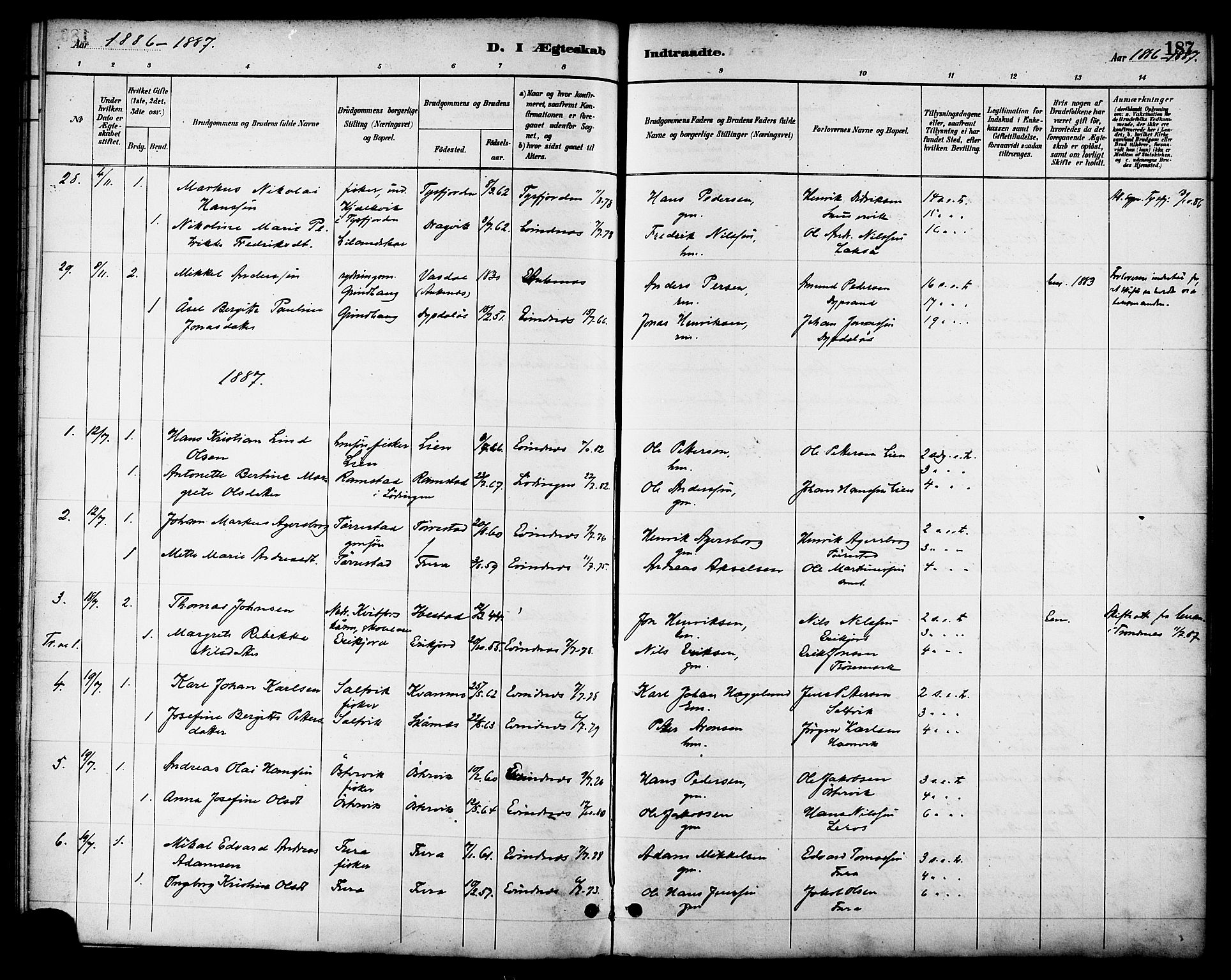 Ministerialprotokoller, klokkerbøker og fødselsregistre - Nordland, AV/SAT-A-1459/863/L0898: Parish register (official) no. 863A10, 1886-1897, p. 187