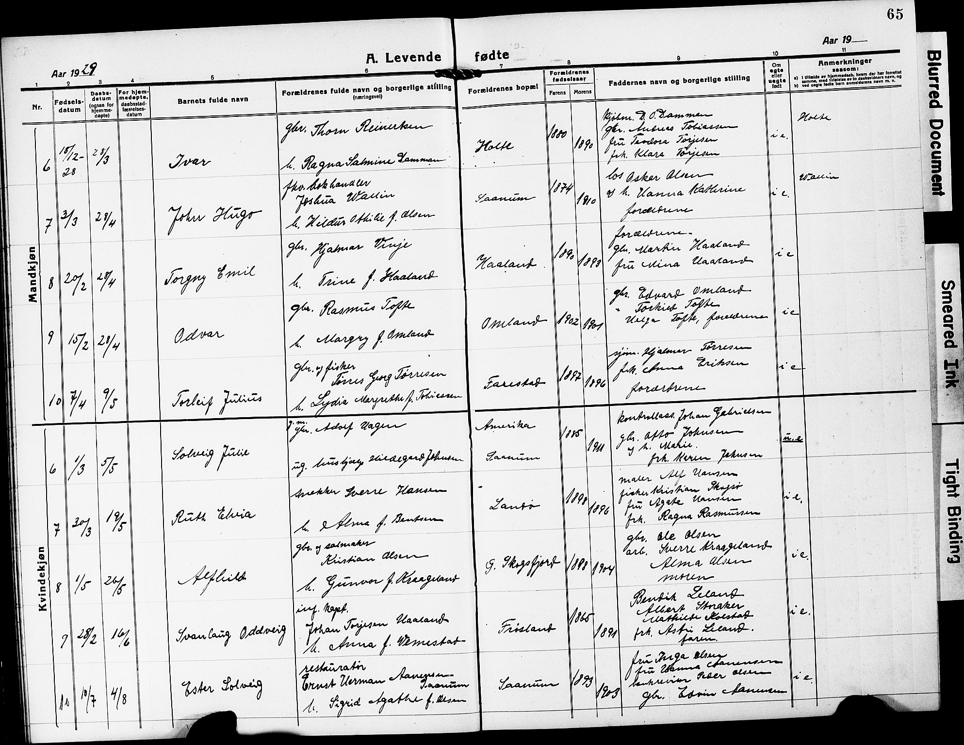 Mandal sokneprestkontor, SAK/1111-0030/F/Fb/Fba/L0013: Parish register (copy) no. B 7, 1918-1931, p. 65