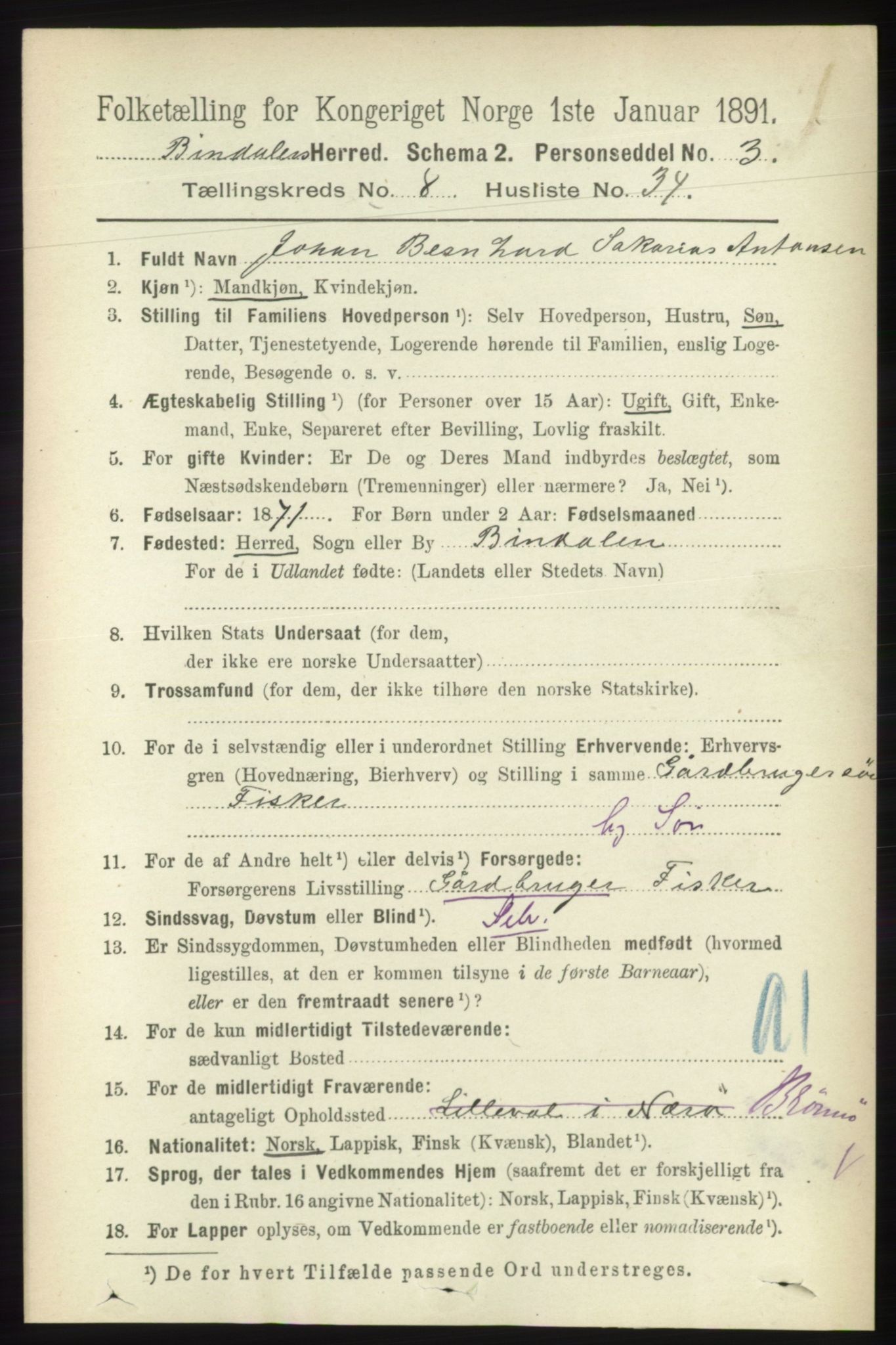 RA, 1891 census for 1811 Bindal, 1891, p. 2818