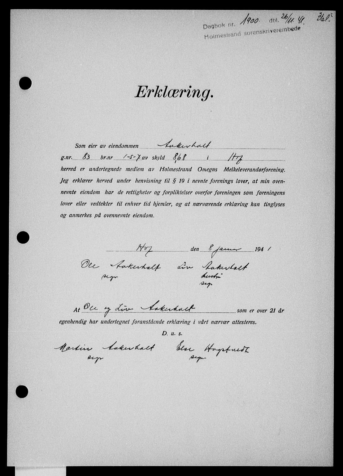 Holmestrand sorenskriveri, SAKO/A-67/G/Ga/Gaa/L0054: Mortgage book no. A-54, 1941-1942, Diary no: : 1900/1941