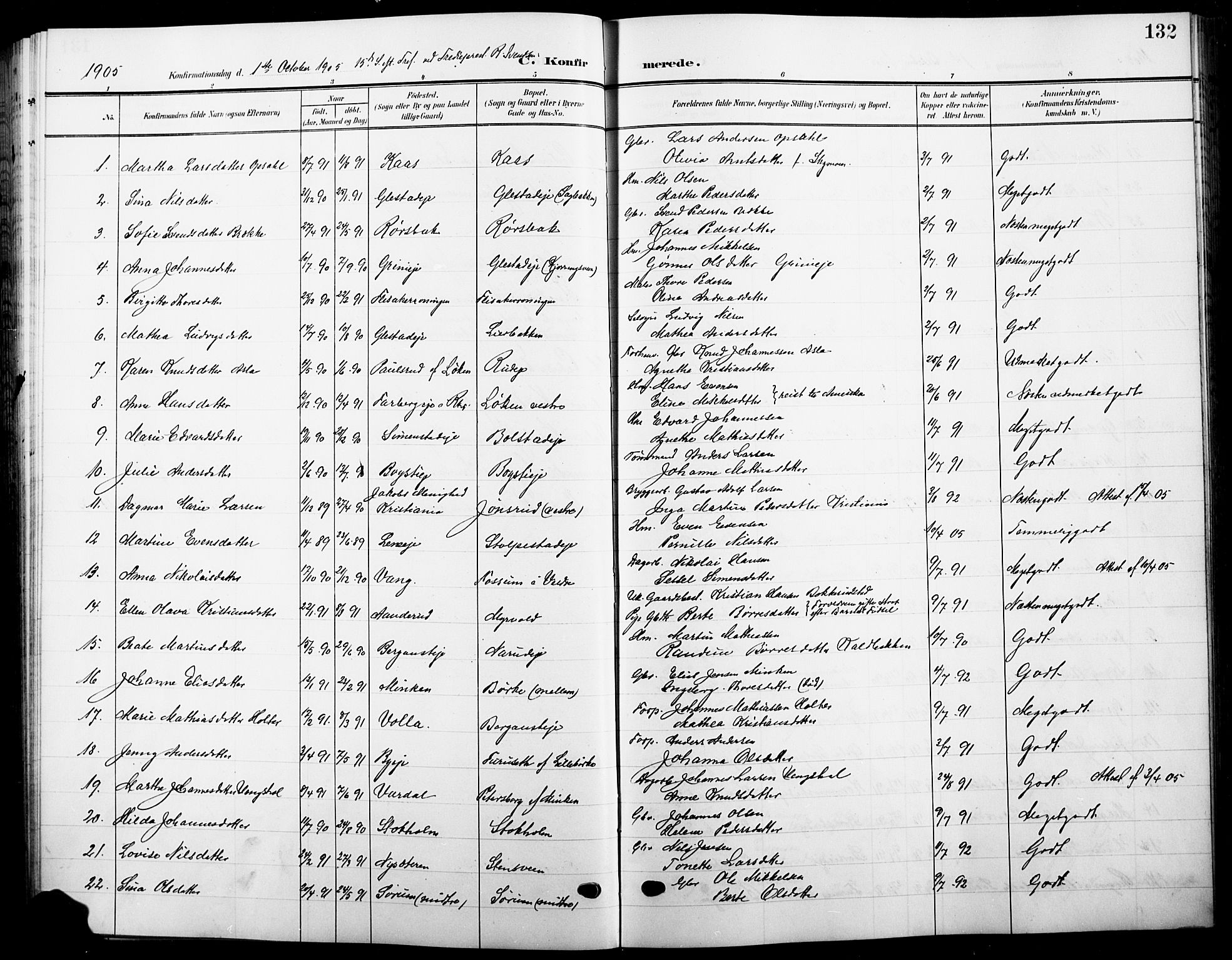 Ringsaker prestekontor, AV/SAH-PREST-014/L/La/L0017: Parish register (copy) no. 17, 1905-1920, p. 132