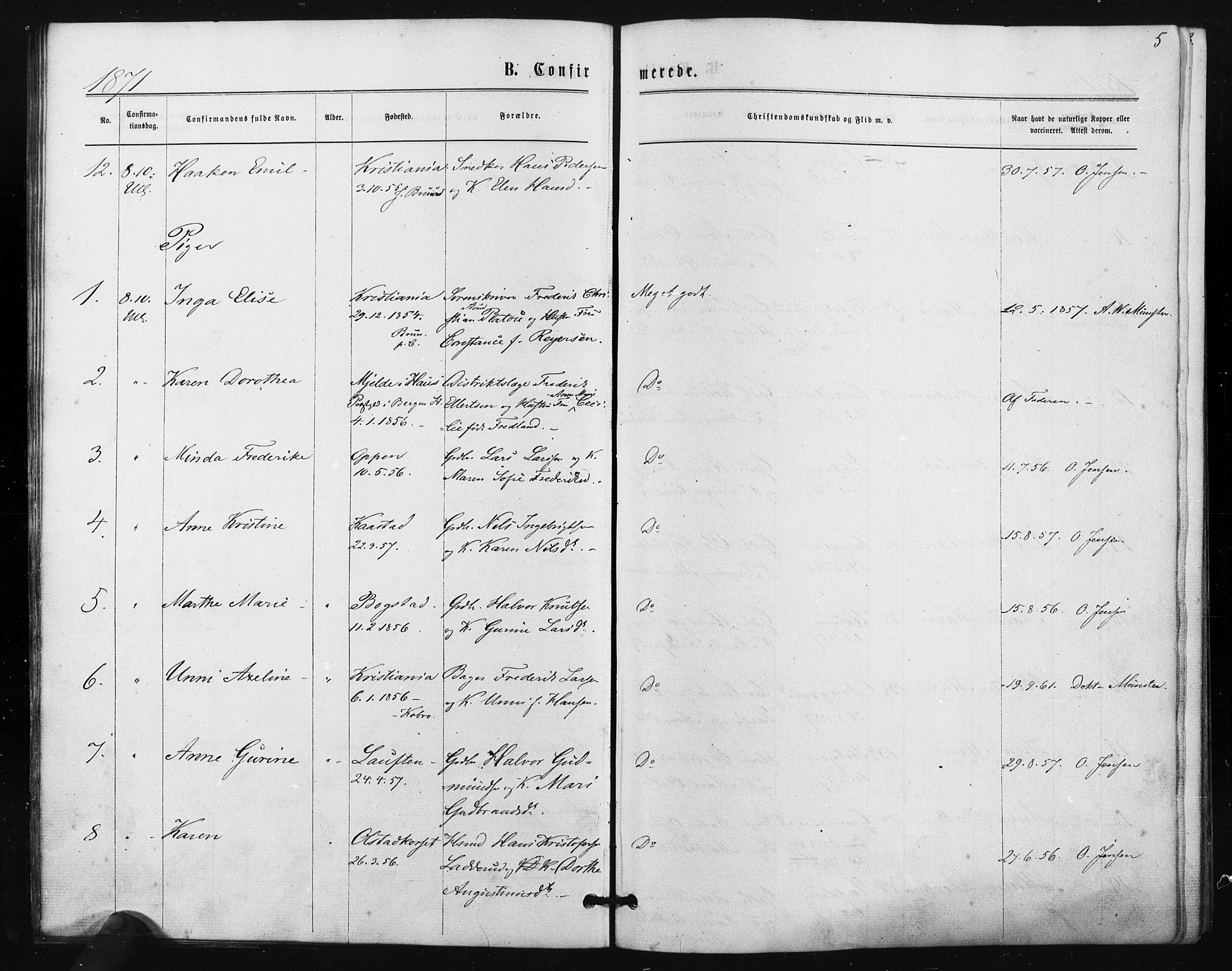 Ullensaker prestekontor Kirkebøker, AV/SAO-A-10236a/F/Fa/L0017: Parish register (official) no. I 17, 1871-1875, p. 5