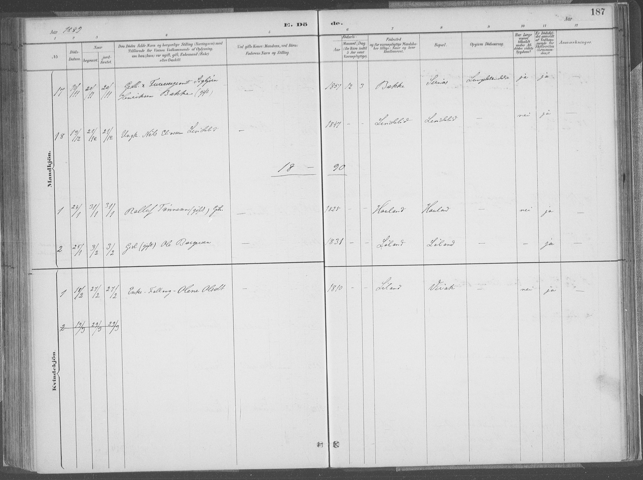 Bakke sokneprestkontor, AV/SAK-1111-0002/F/Fa/Faa/L0008: Parish register (official) no. A 8, 1887-1911, p. 187