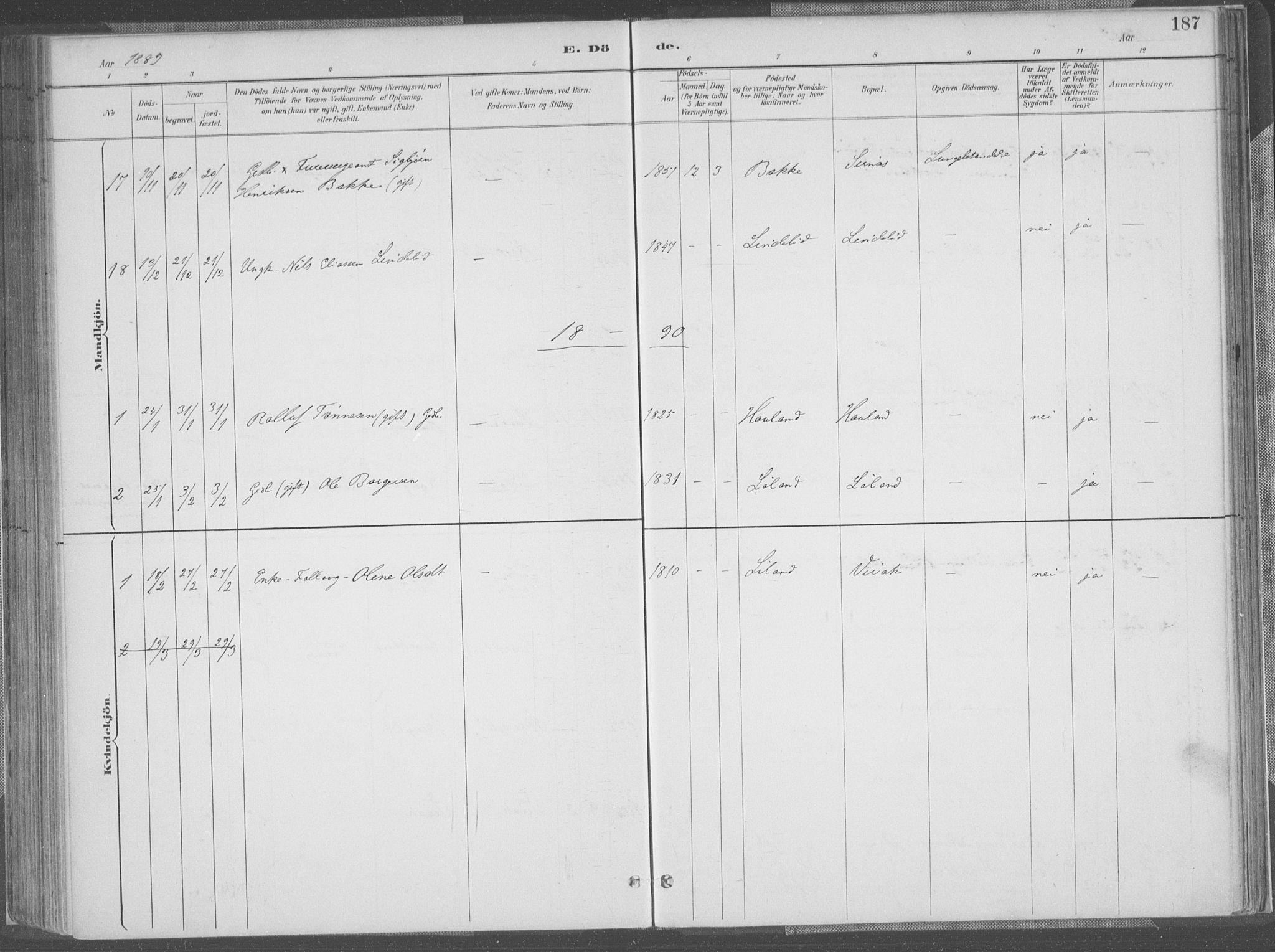 Bakke sokneprestkontor, SAK/1111-0002/F/Fa/Faa/L0008: Parish register (official) no. A 8, 1887-1911, p. 187