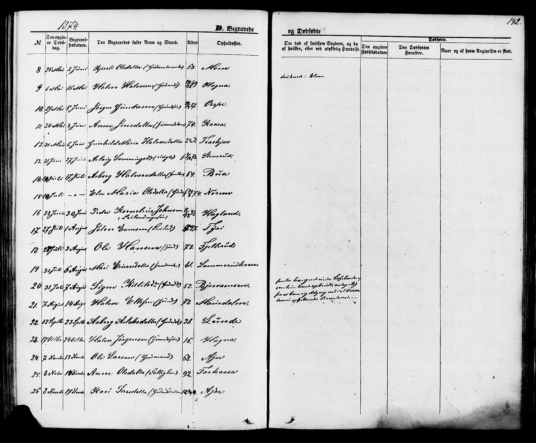 Lunde kirkebøker, SAKO/A-282/F/Fa/L0001: Parish register (official) no. I 1, 1866-1883, p. 142