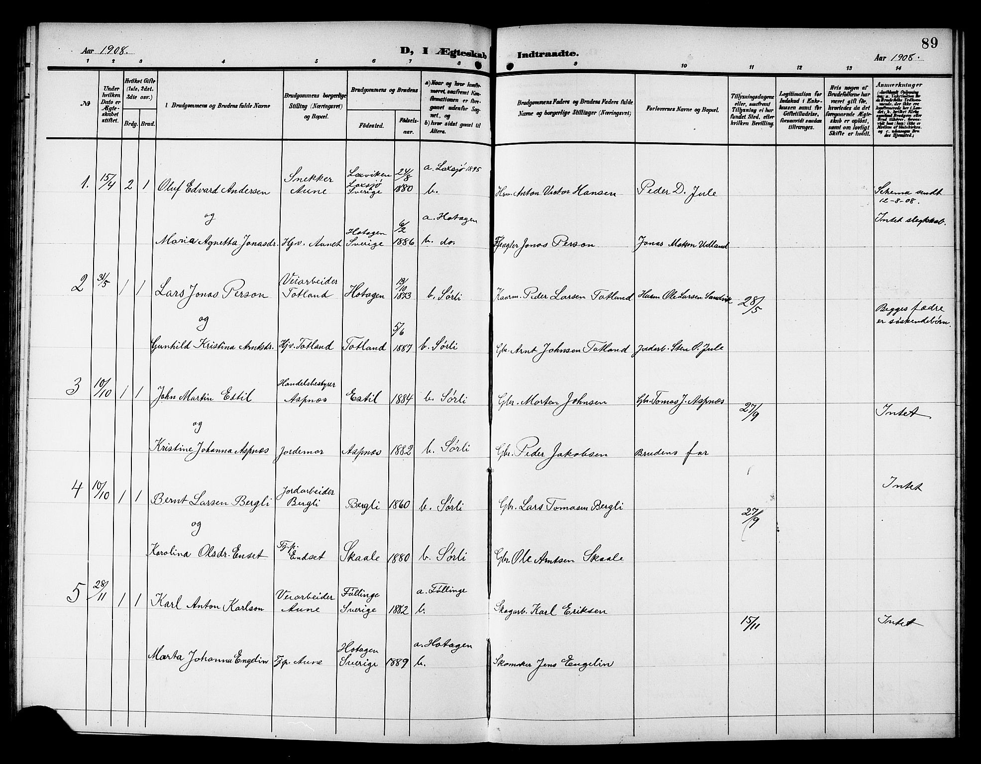 Ministerialprotokoller, klokkerbøker og fødselsregistre - Nord-Trøndelag, SAT/A-1458/757/L0506: Parish register (copy) no. 757C01, 1904-1922, p. 89