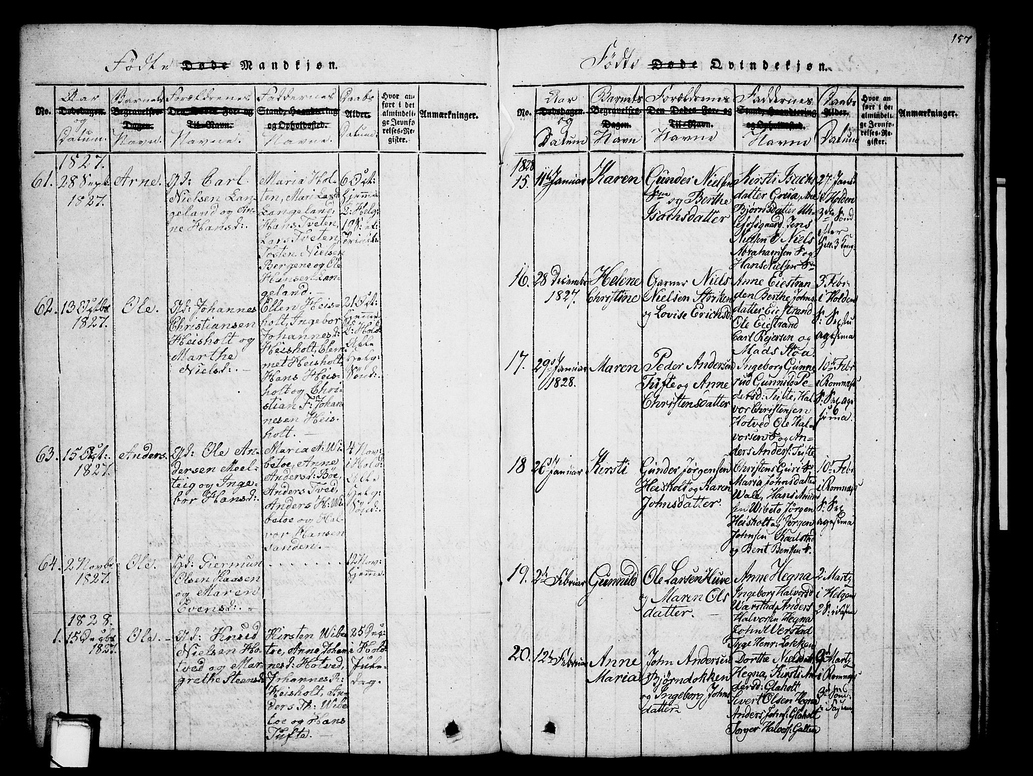 Holla kirkebøker, AV/SAKO-A-272/G/Ga/L0001: Parish register (copy) no. I 1, 1814-1830, p. 157