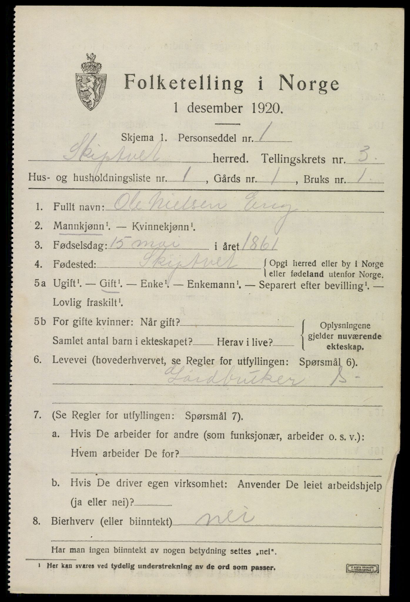 SAO, 1920 census for Skiptvet, 1920, p. 2909