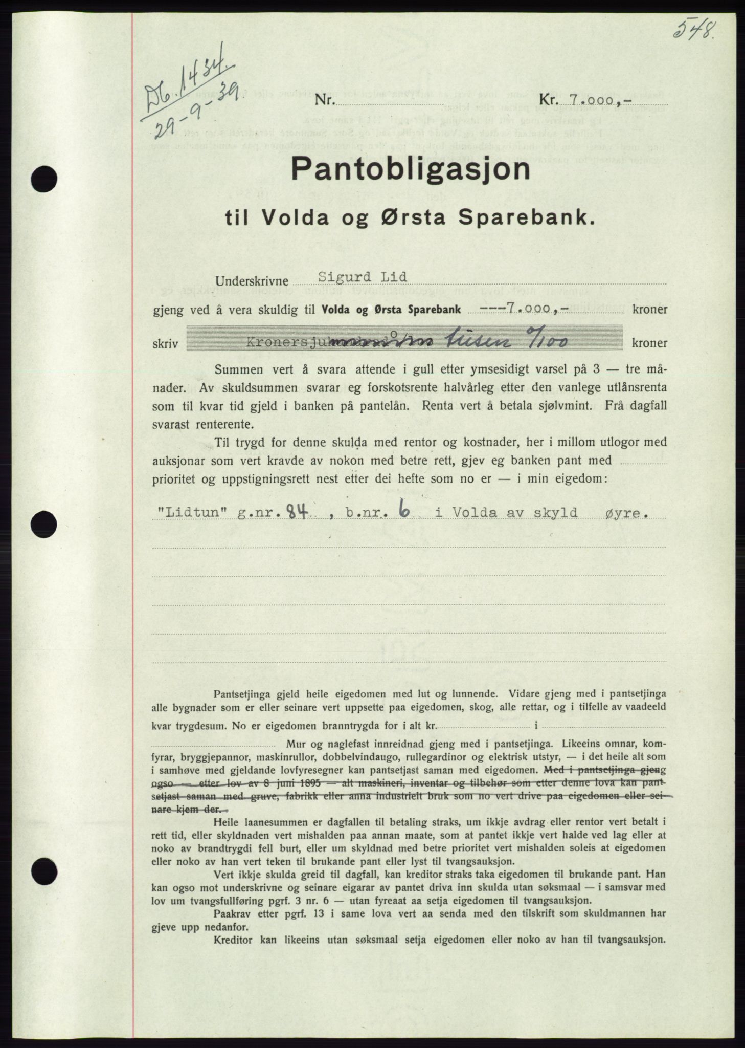 Søre Sunnmøre sorenskriveri, AV/SAT-A-4122/1/2/2C/L0068: Mortgage book no. 62, 1939-1939, Diary no: : 1434/1939