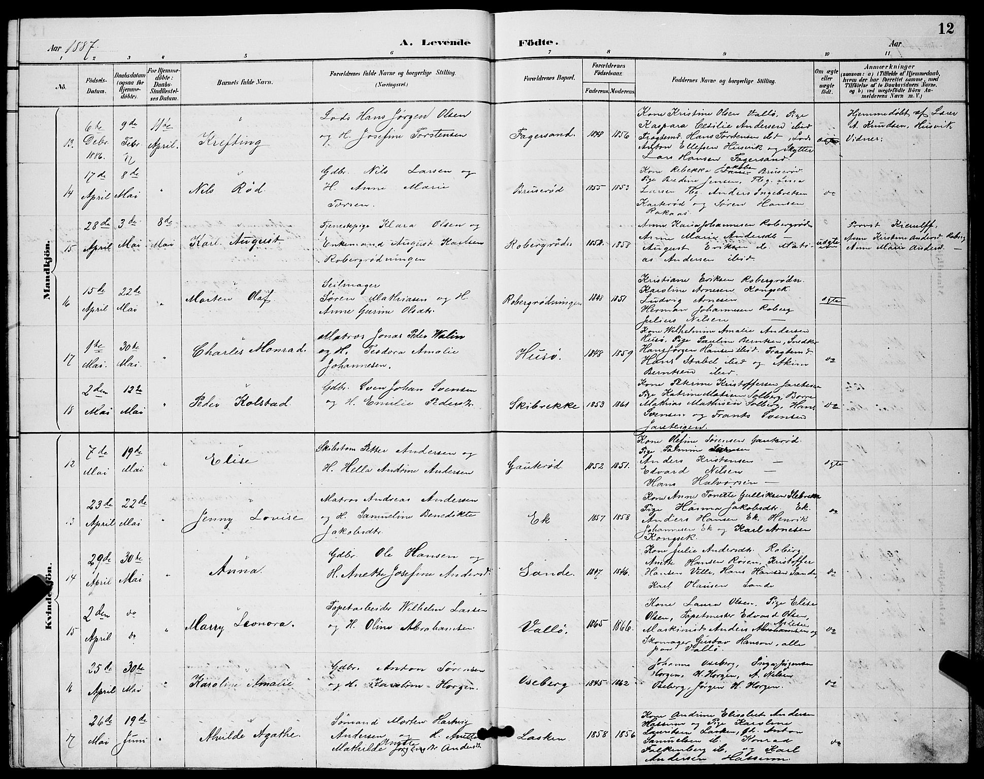 Sem kirkebøker, AV/SAKO-A-5/G/Gb/L0002: Parish register (copy) no. II 2, 1886-1899, p. 12