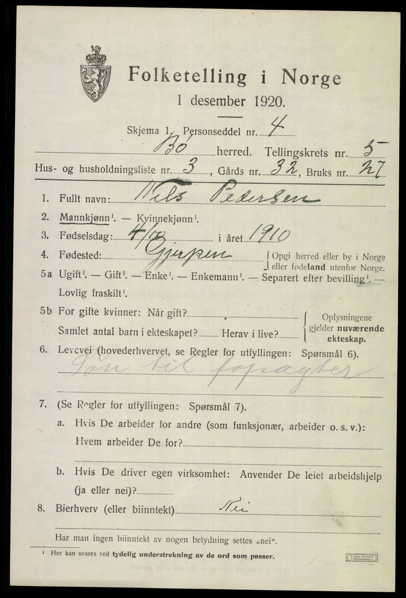 SAKO, 1920 census for Bø (Telemark), 1920, p. 3624