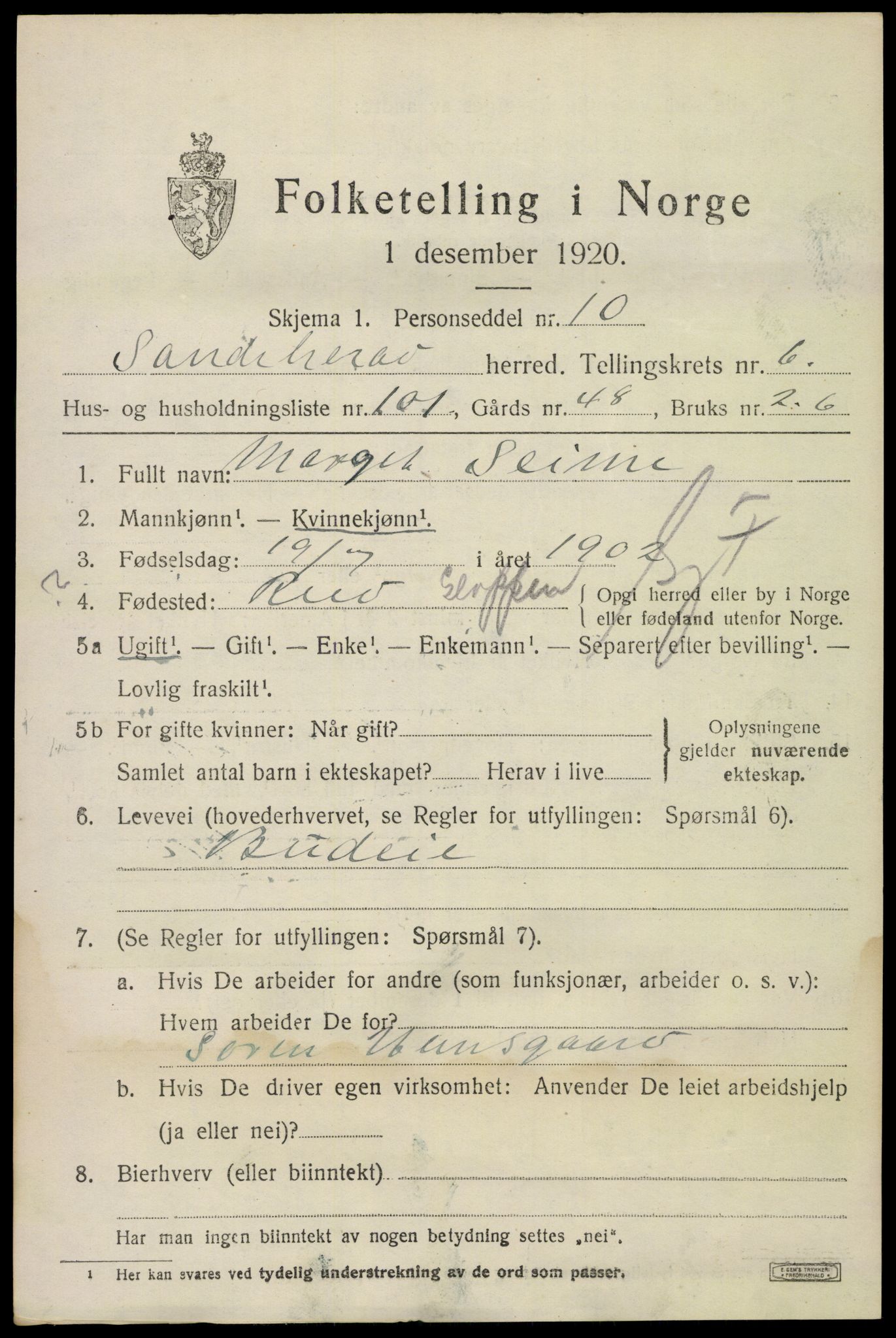 SAKO, 1920 census for Sandeherred, 1920, p. 10980