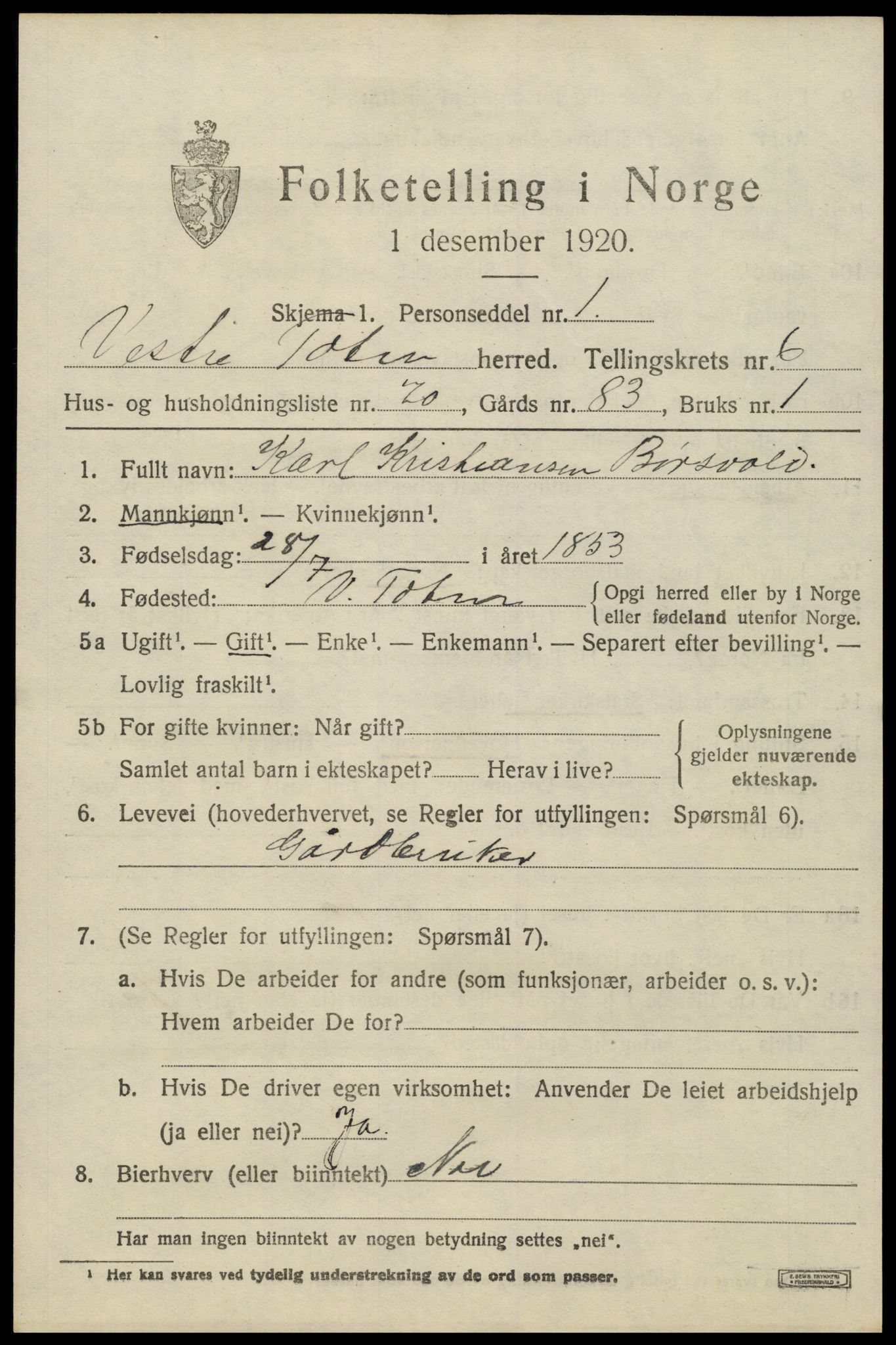 SAH, 1920 census for Vestre Toten, 1920, p. 8926