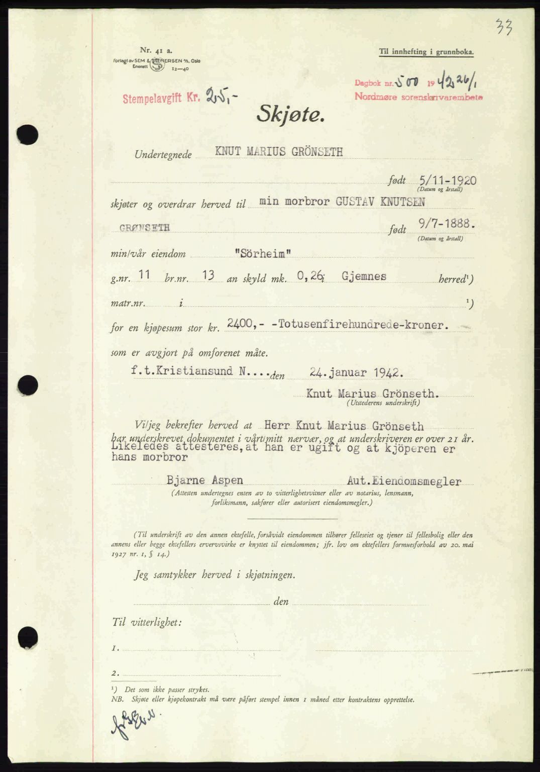 Nordmøre sorenskriveri, AV/SAT-A-4132/1/2/2Ca: Mortgage book no. A92, 1942-1942, Diary no: : 500/1942