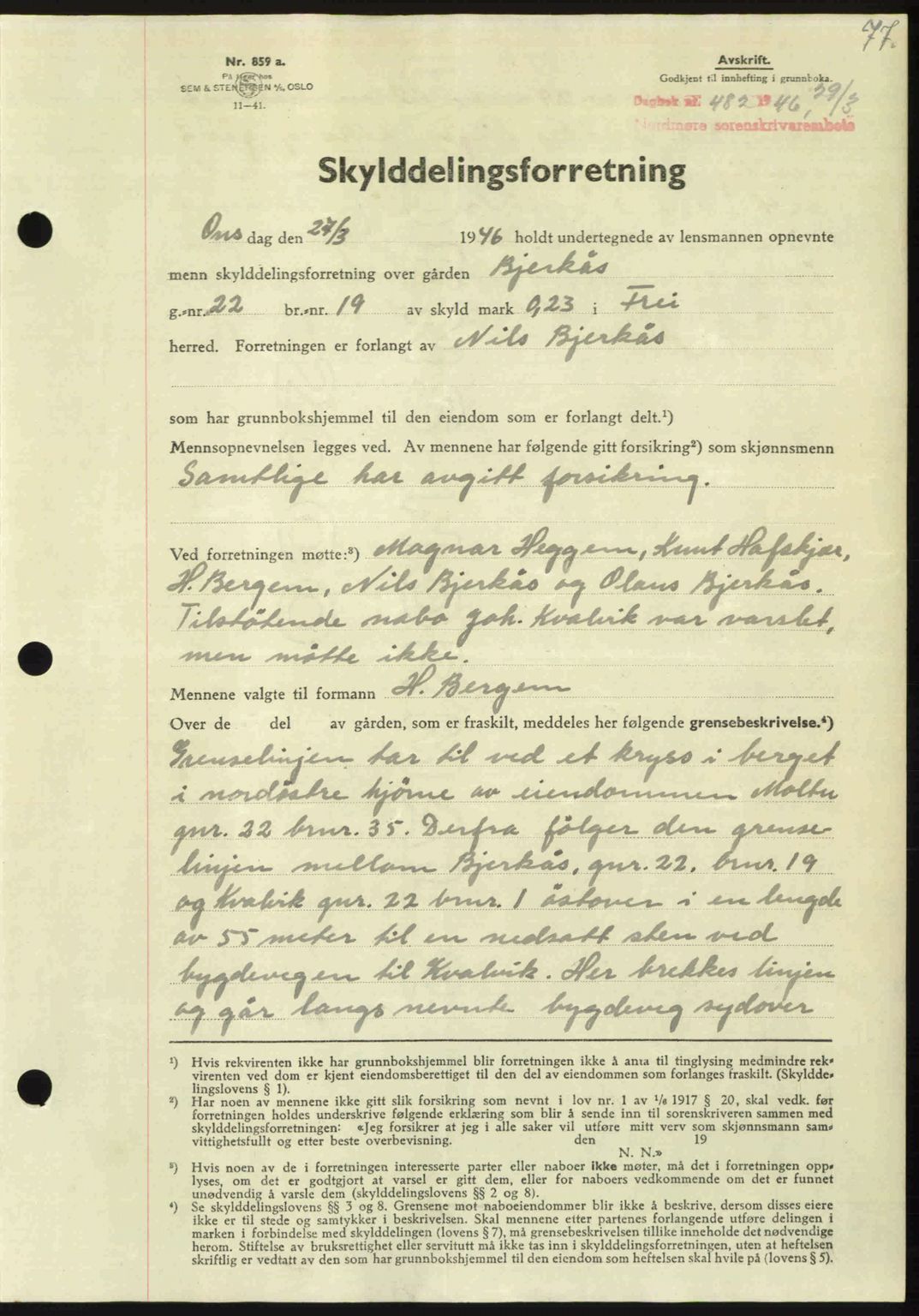 Nordmøre sorenskriveri, AV/SAT-A-4132/1/2/2Ca: Mortgage book no. A101, 1946-1946, Diary no: : 482/1946