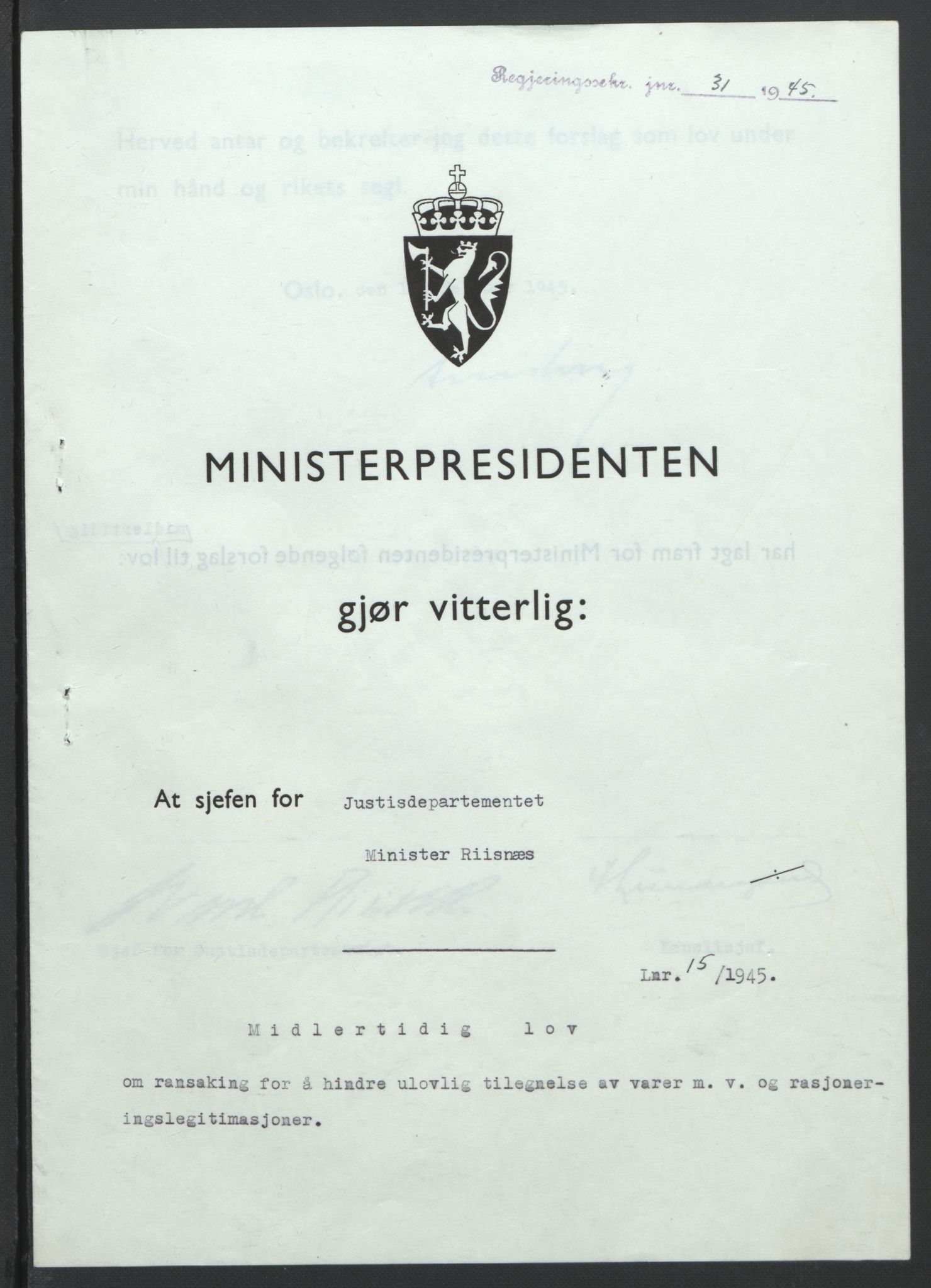 NS-administrasjonen 1940-1945 (Statsrådsekretariatet, de kommisariske statsråder mm), RA/S-4279/D/Db/L0101/0001: -- / Lover og vedtak, 1945, p. 61