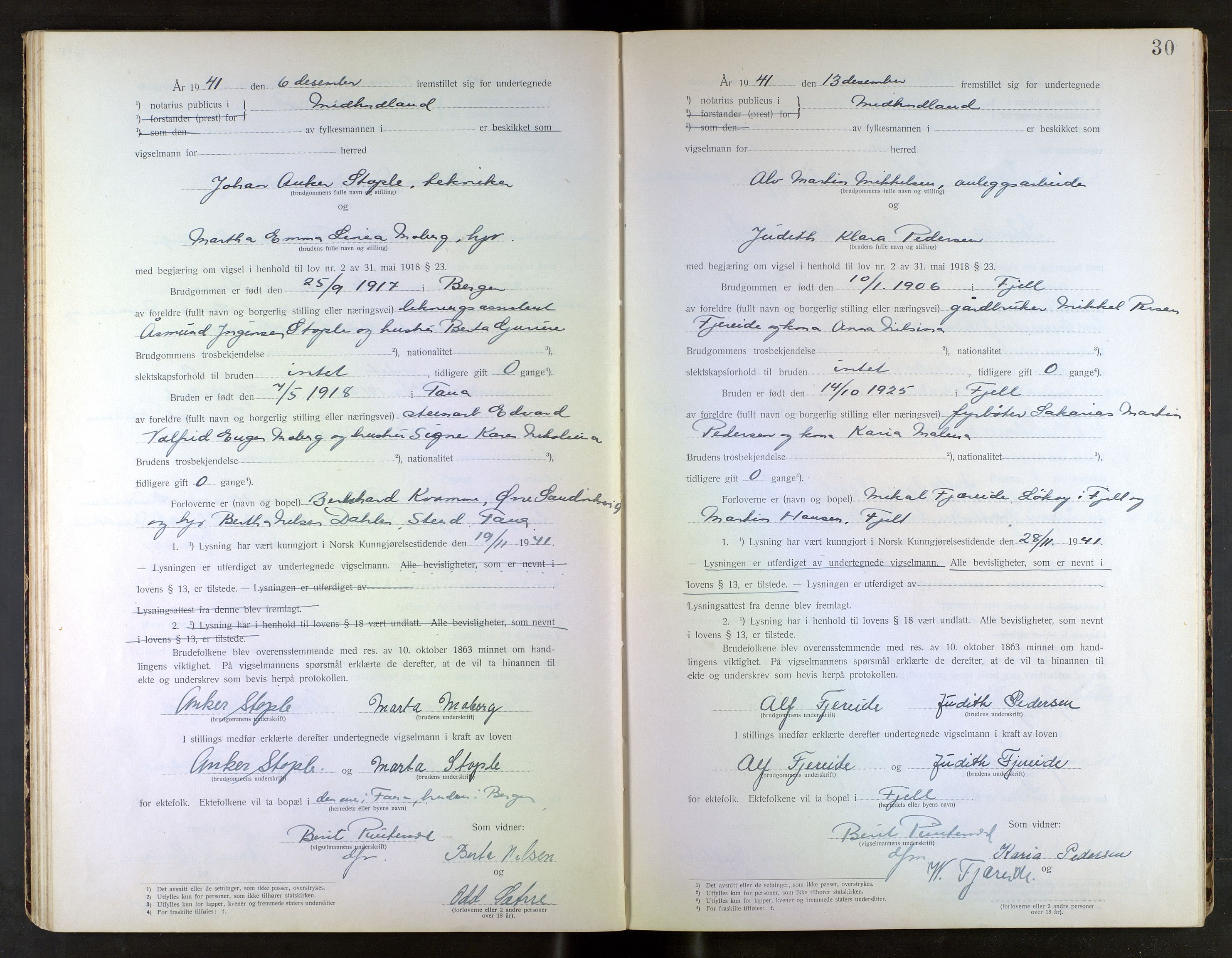 Midhordland sorenskriveri, AV/SAB-A-3001/1/M/Mc/Mca/L0002: Notarialbilag. Vigselbøker, 1939-1942, p. 30