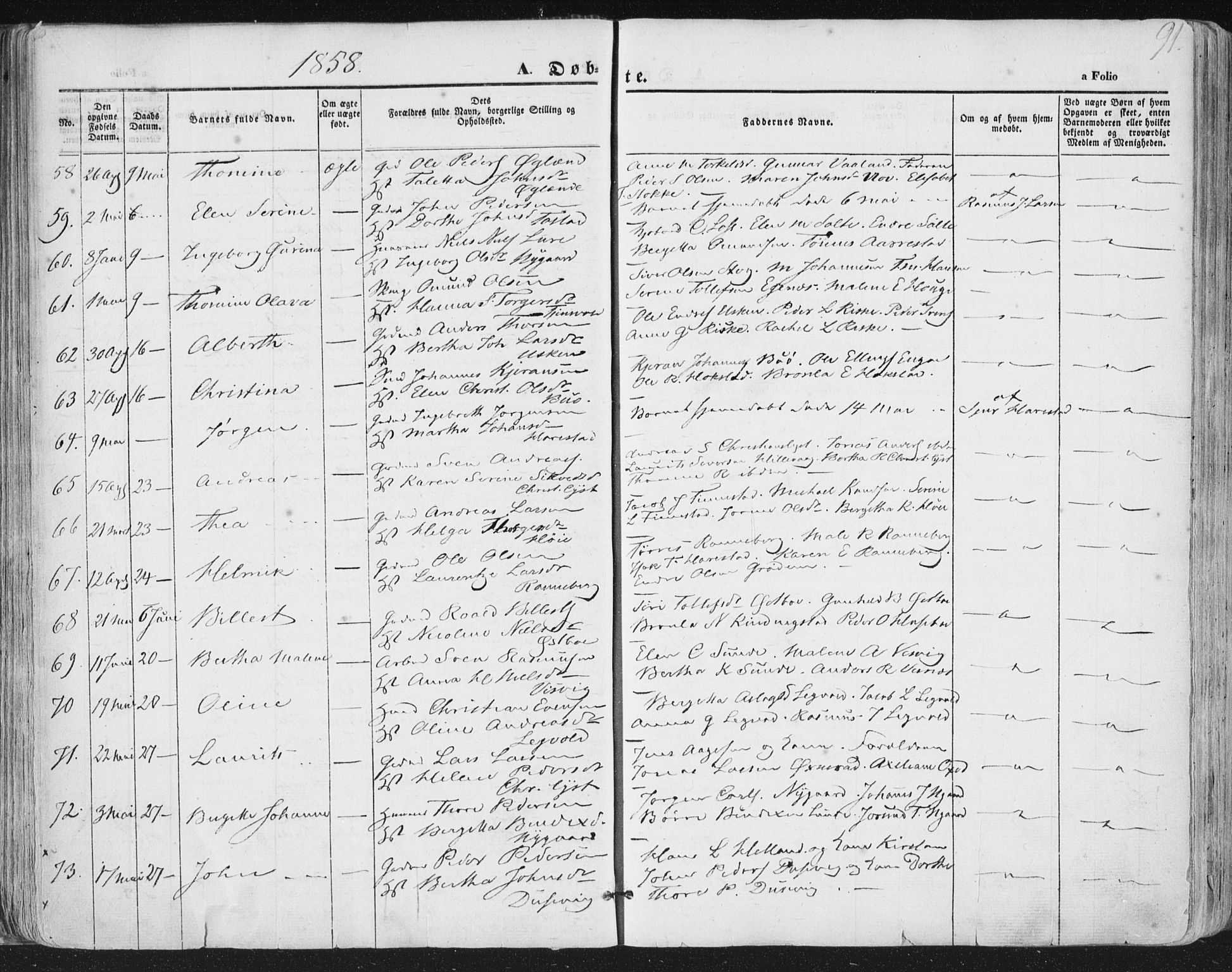 Hetland sokneprestkontor, AV/SAST-A-101826/30/30BA/L0002: Parish register (official) no. A 2, 1849-1869, p. 91