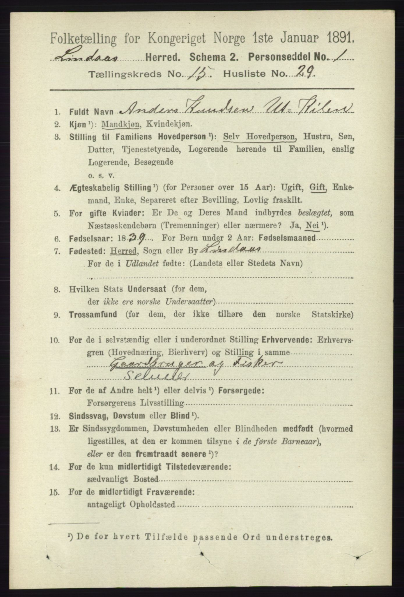 RA, 1891 census for 1263 Lindås, 1891, p. 5442